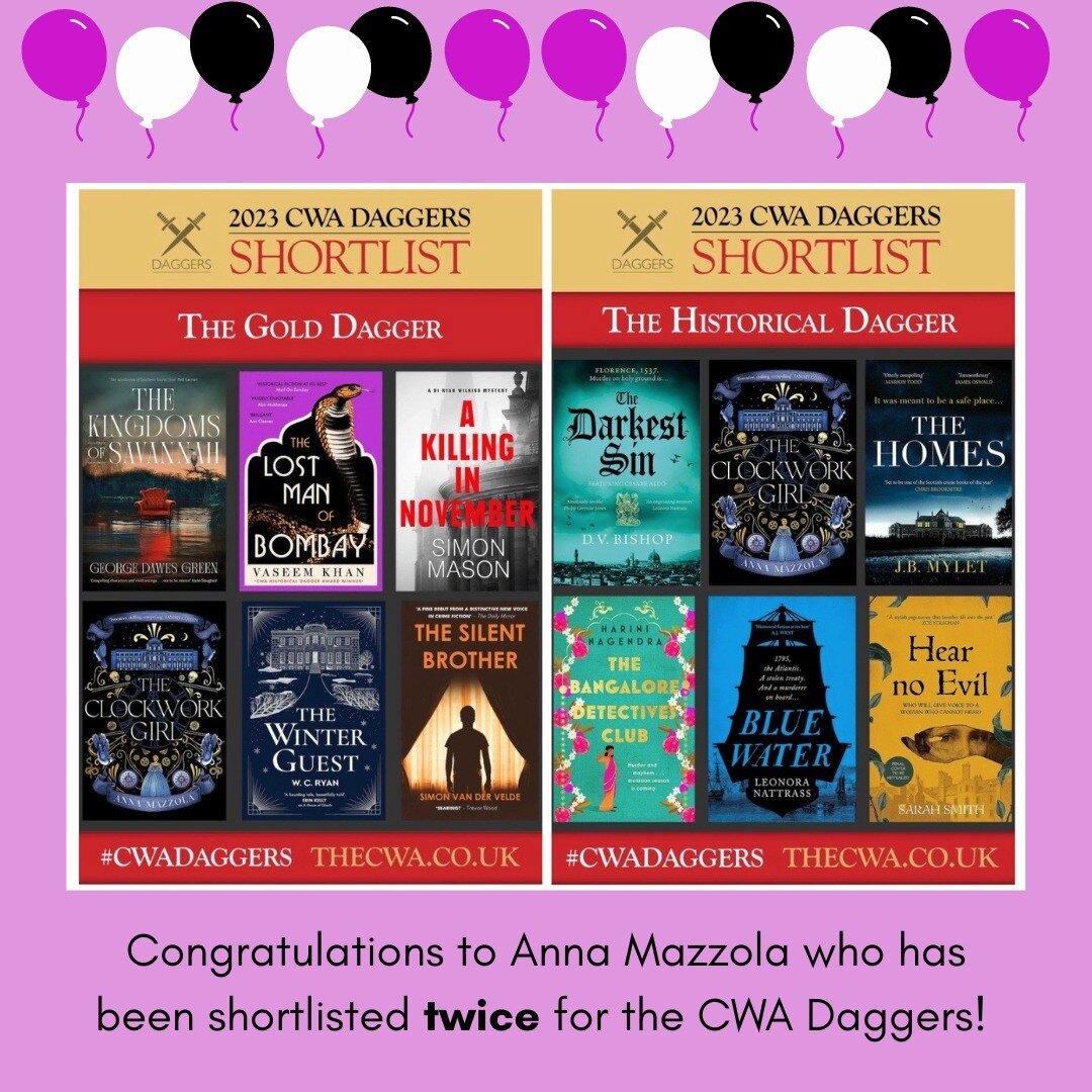 We&rsquo;re absolutely thrilled to see that @annamazzolawriter's THE CLOCKWORK GIRL has been shortlisted for two CWA daggers - The Gold Dagger and The Historical Dagger!🎉