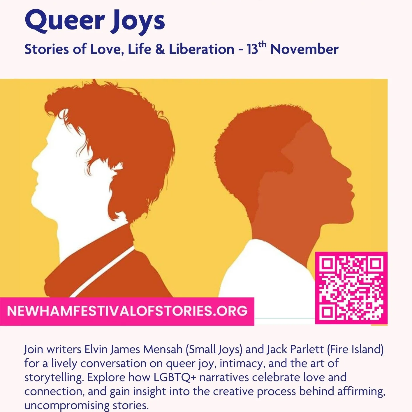 Elvin James Mensah will be appearing @newhamstories on November 13th in conversation with Jack Parlett! ✨

They will discuss queer joy, intimacy, romance, and the richness of gay culture in storytelling! ❤️

Book here
⬇️
https://www.newhamfestivalofs