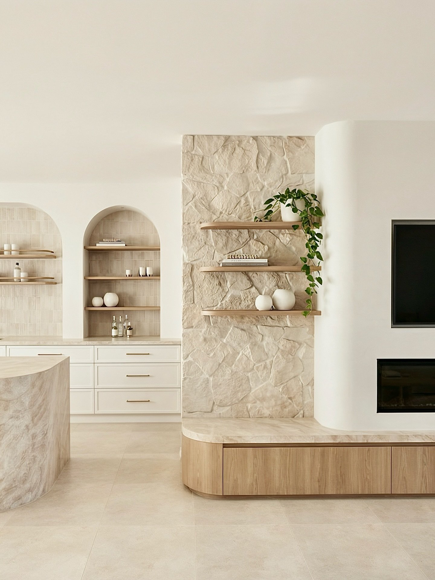 Not every beautiful idea makes it to install&hellip; and that&rsquo;s the magic of design.

This was another concept for our Yowie Bay project - soft curves, layered stone, open shelving moments and a warm, tonal palette throughout.

In the end, we o