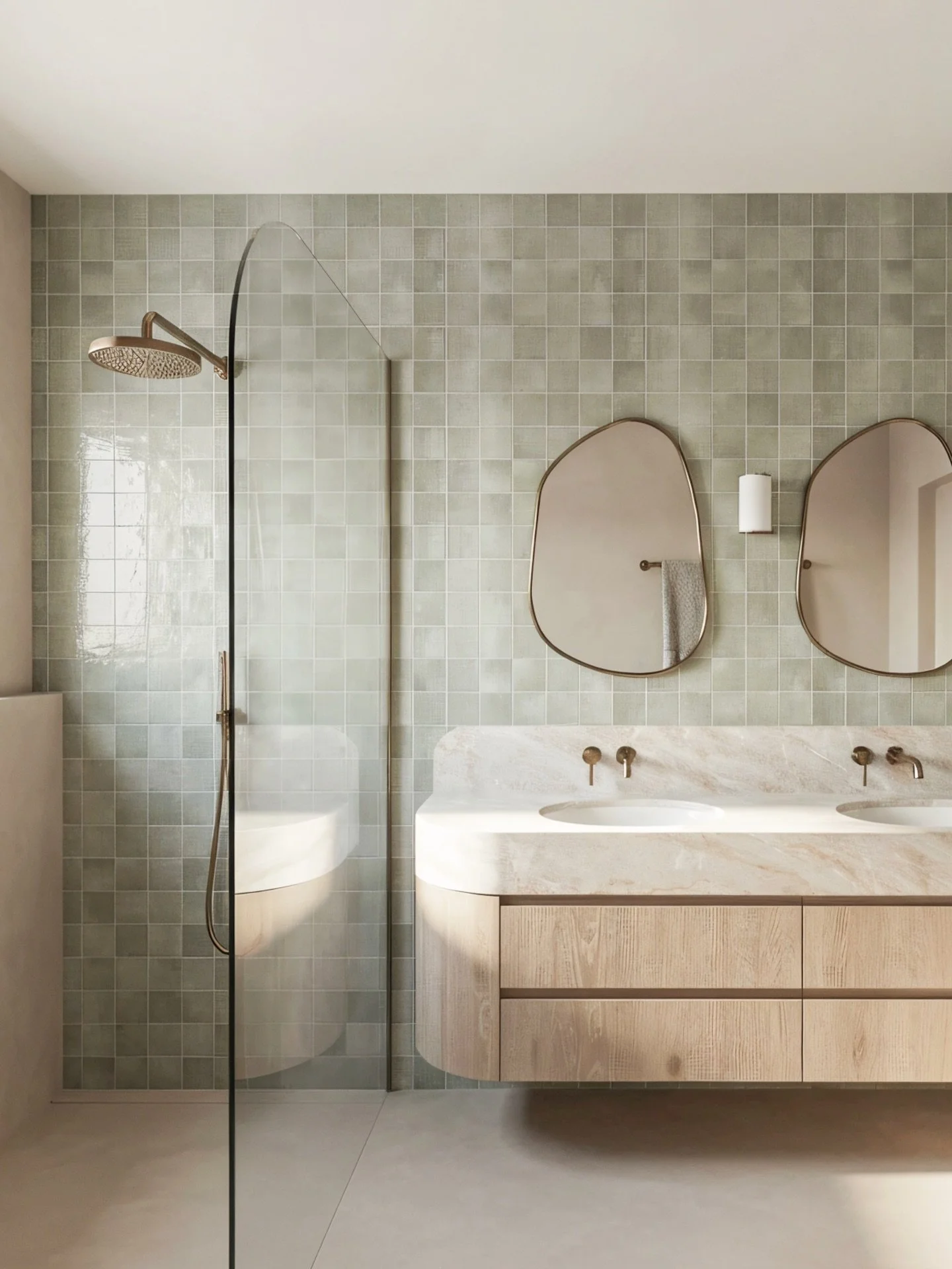 Another view from our Yowie Bay project 🤍

For the boys bathroom, we wanted to introduce a subtle hint of colour while still keeping the palette warm, soft, and cohesive with the rest of the home. 

We chose this muted green tile for its beautiful w