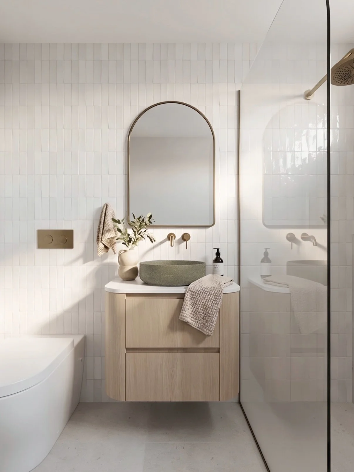 It&rsquo;s the layering of tones, textures + shapes that makes a neutral space feel interesting.

Curves softened with handmade tiles, warm timber paired with brushed brass, and styling that brings the whole space to life 🤍

Scarborough Project ~ Co