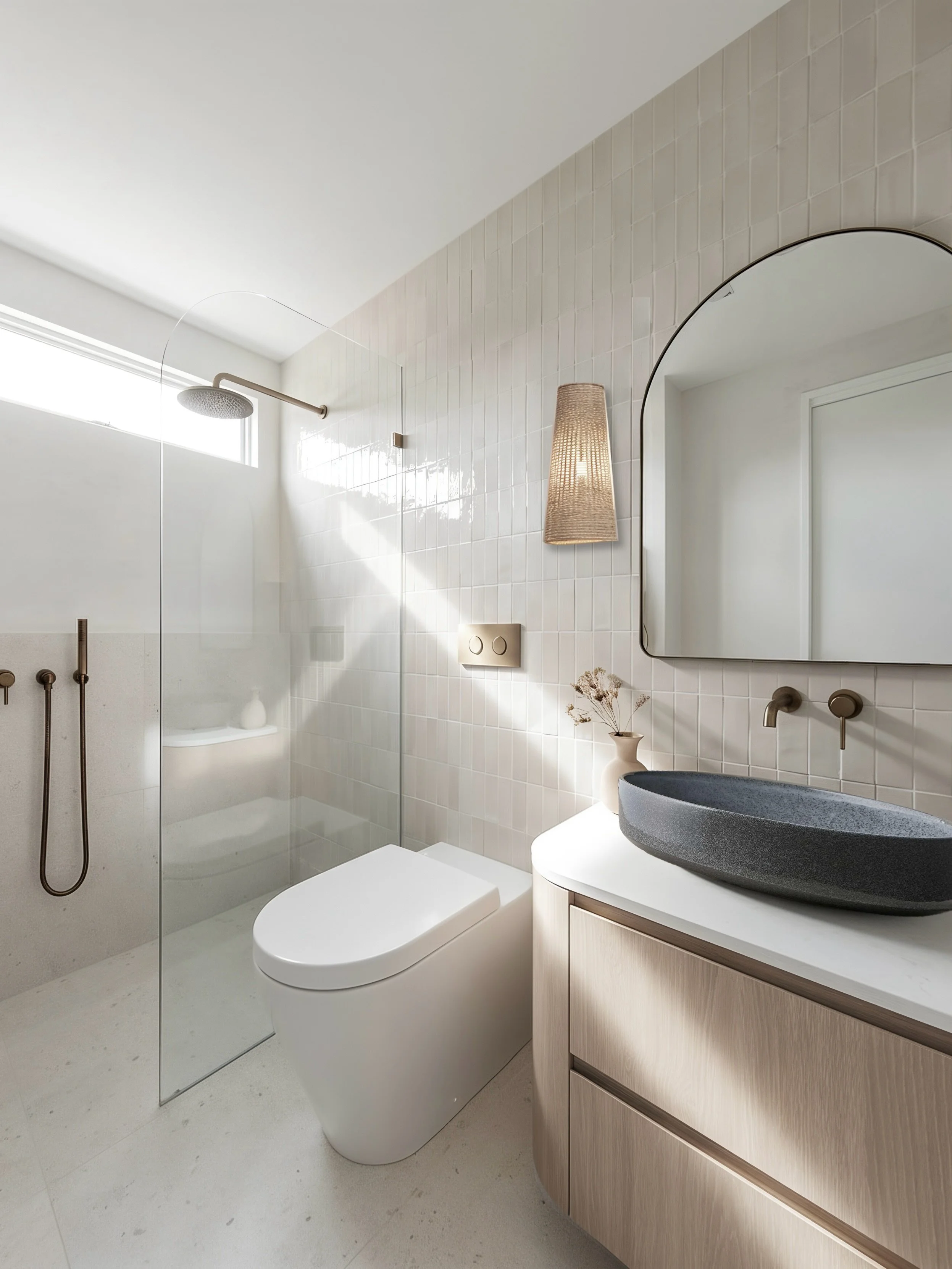 A bathroom that feels soft, grounded + quietly luxurious 🤍

The mix of handmade textures, warm timber tones and aged brass creates such a calming feel throughout this space.

One of our favourite details is the contrast of the darker stone basin aga