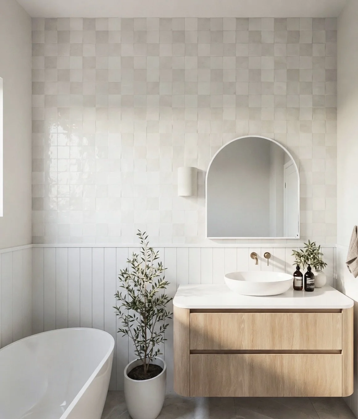 A calm moment inside our Hamilton North project. 🤍

A calm and timeless main bathroom designed with texture and warmth in mind. Featuring handmade tiles, VJ panelling, soft oak timber elements and subtle greenery to create a space that feels relaxed