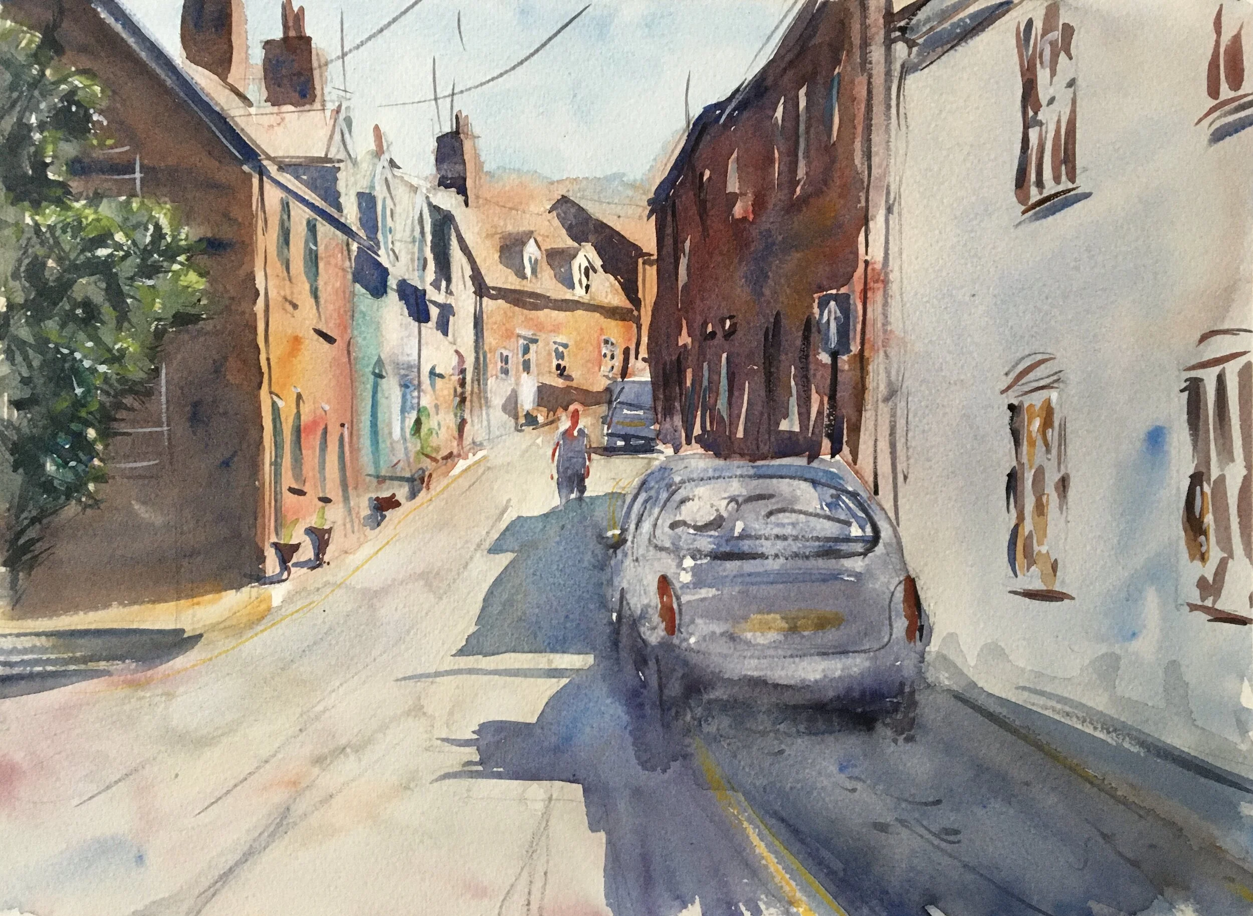 A colourful street, Woodbridge, July 2020.FOR SALE. £100. 16”x12”.