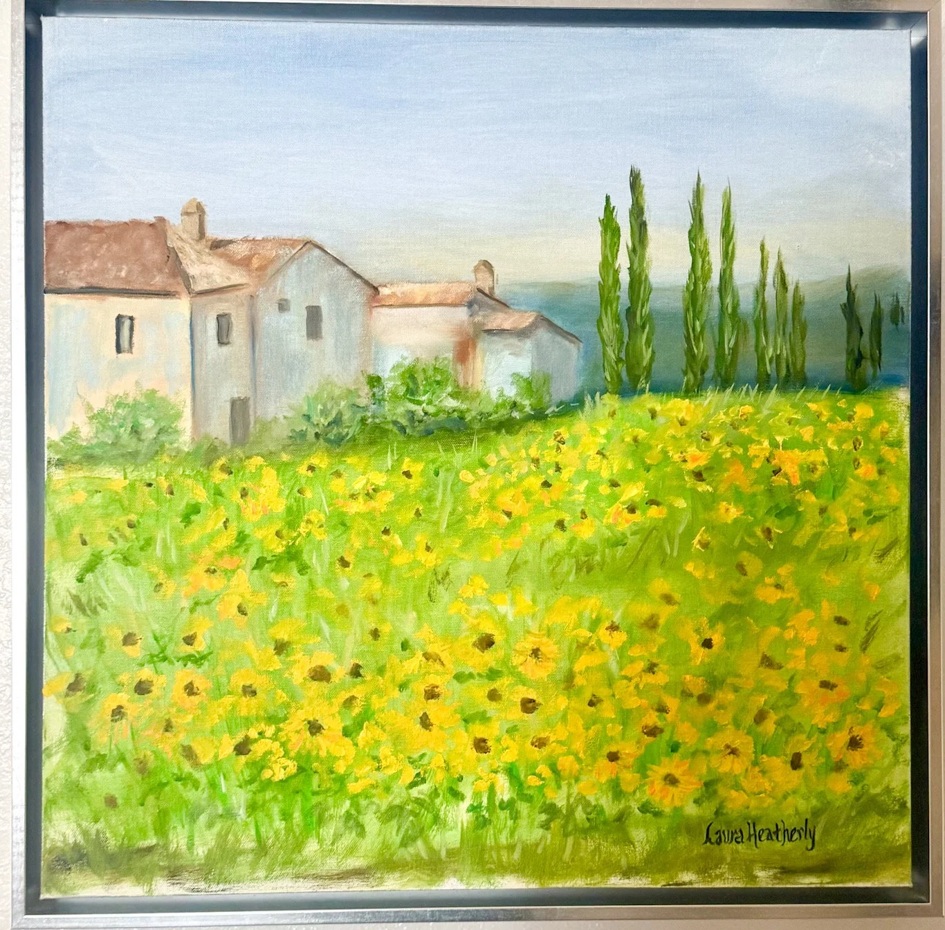 "Sunflowers Dancing in the Field" 24" x 24" oil on canvas.  Framed. Available.