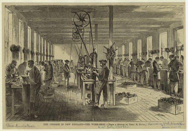 The avant couriers of the coming man – Scene in Sampson’s Shoe Manufactory at North Adams, Mass. – Teaching the Chinese the use of the pegging machine, Frank Leslie's Illustrated Newspaper, 1870 July 9. Library of Congress.
