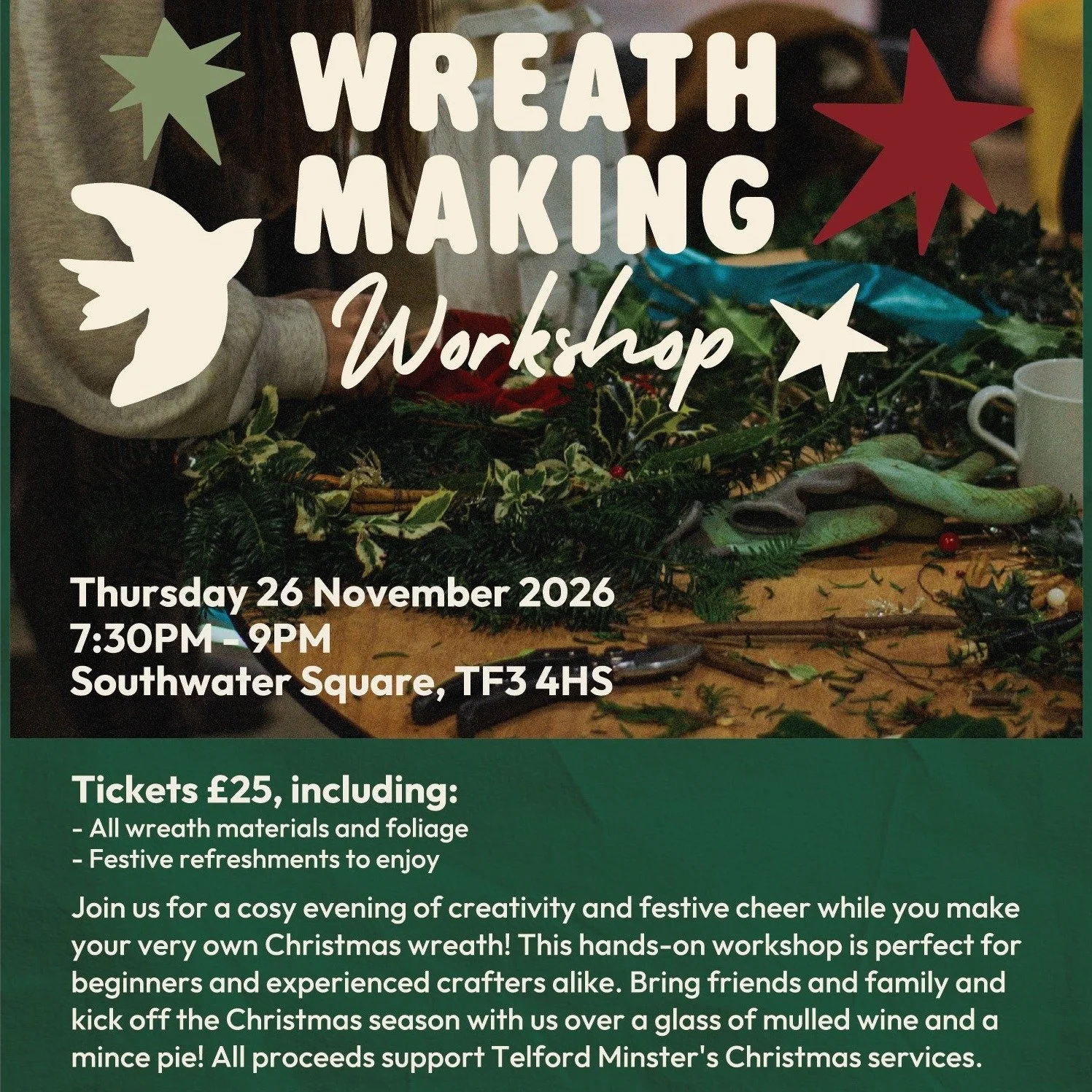 Wreath Making Workshop is Back 🎄

⏰ 7:30PM
🗓️ THU 26 NOV
🎟️ &pound;25

Christmas and Advent are just around the corner, and this is a perfect evening to get into the festive spirit! Come along and join us for an evening of wreath making, all folia