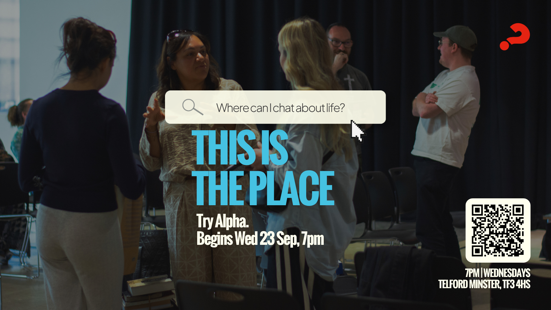 A group of people gathered and talking at an indoor event with a dark curtain backdrop. Overlay text reads "This is the place" and promotes a church event starting Wednesday, September 23 at 7pm at Telford Minster in the UK.