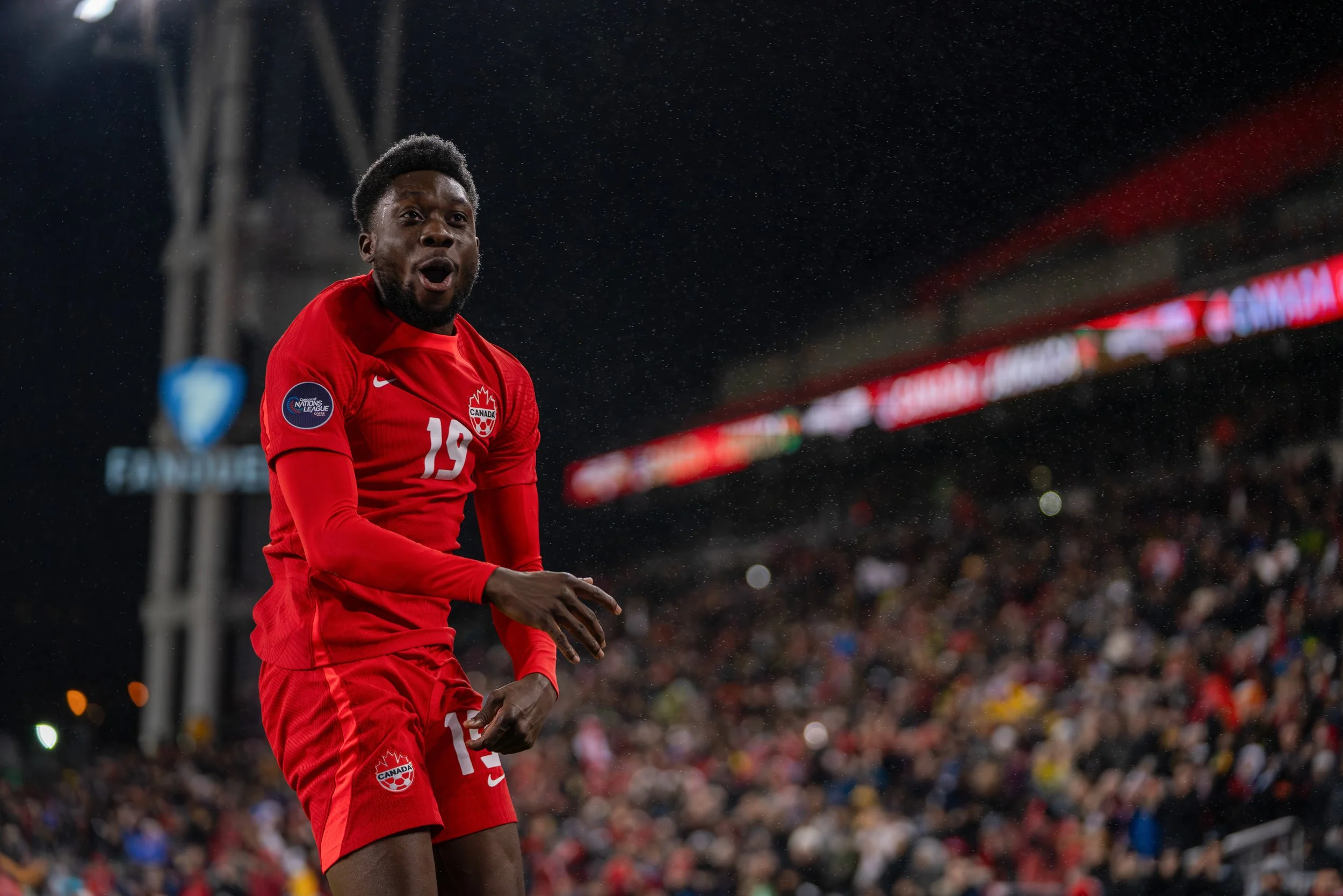 Canada's Alphonso Davies celebrates his match-opening goal in a 3-2 loss to Jamaica in the Nations League quarterfinals in Toronto. November 21, 2023. (Kaj Larsen Photo for the Canadian Premier League)