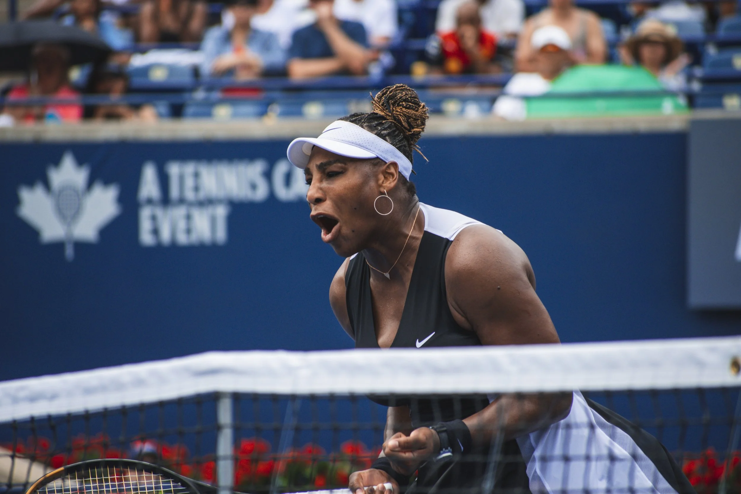 23-time Grand slam winner Serena Williams celebrates her opening-round win at the National Bank Open. Williams is set to retire in September following the U.S. Open. August 8, 2022. (Kaj Larsen photo for Tennis Canada)