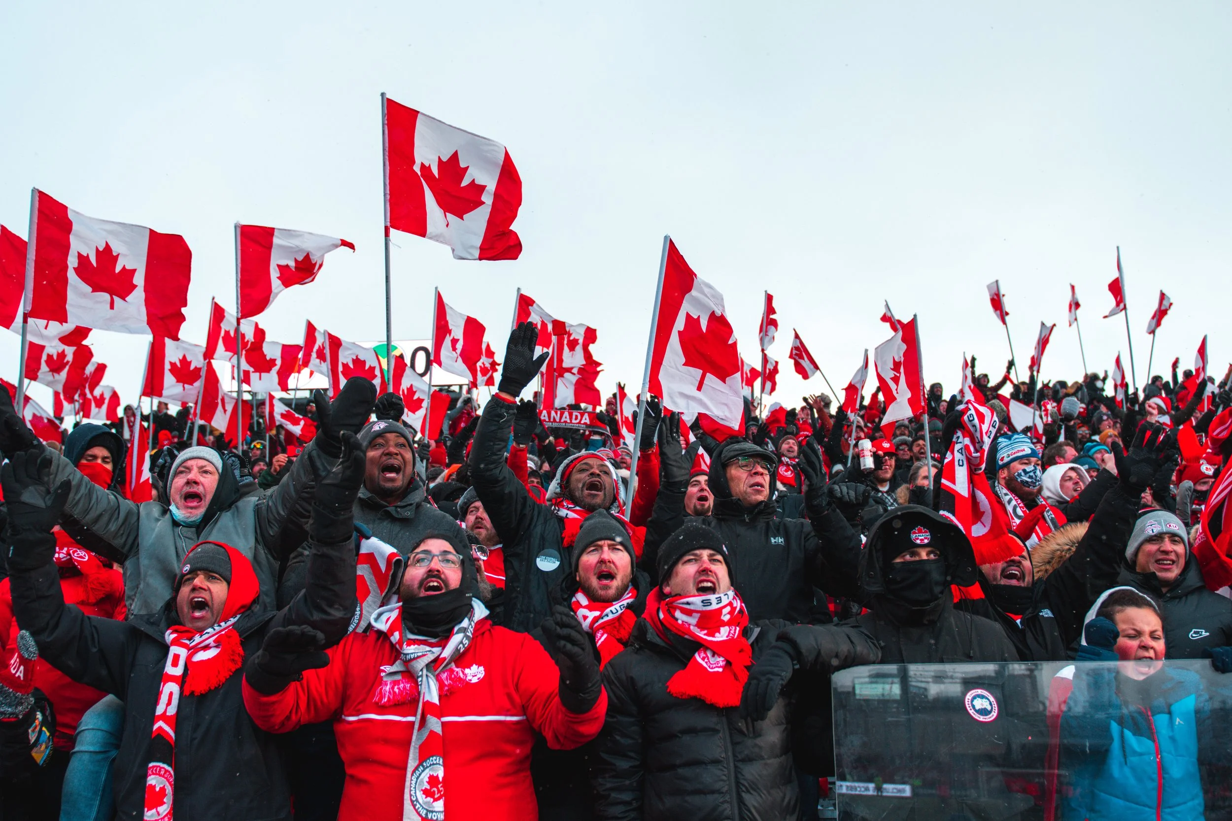 A crowd full of fans react to a missed chance as CANMNT qualifies for the World Cup for the first time since 1986, following their 4-0 win over Jamaica at BMO Field in Toronto. March 27, 2022. (Kaj Larsen photo)