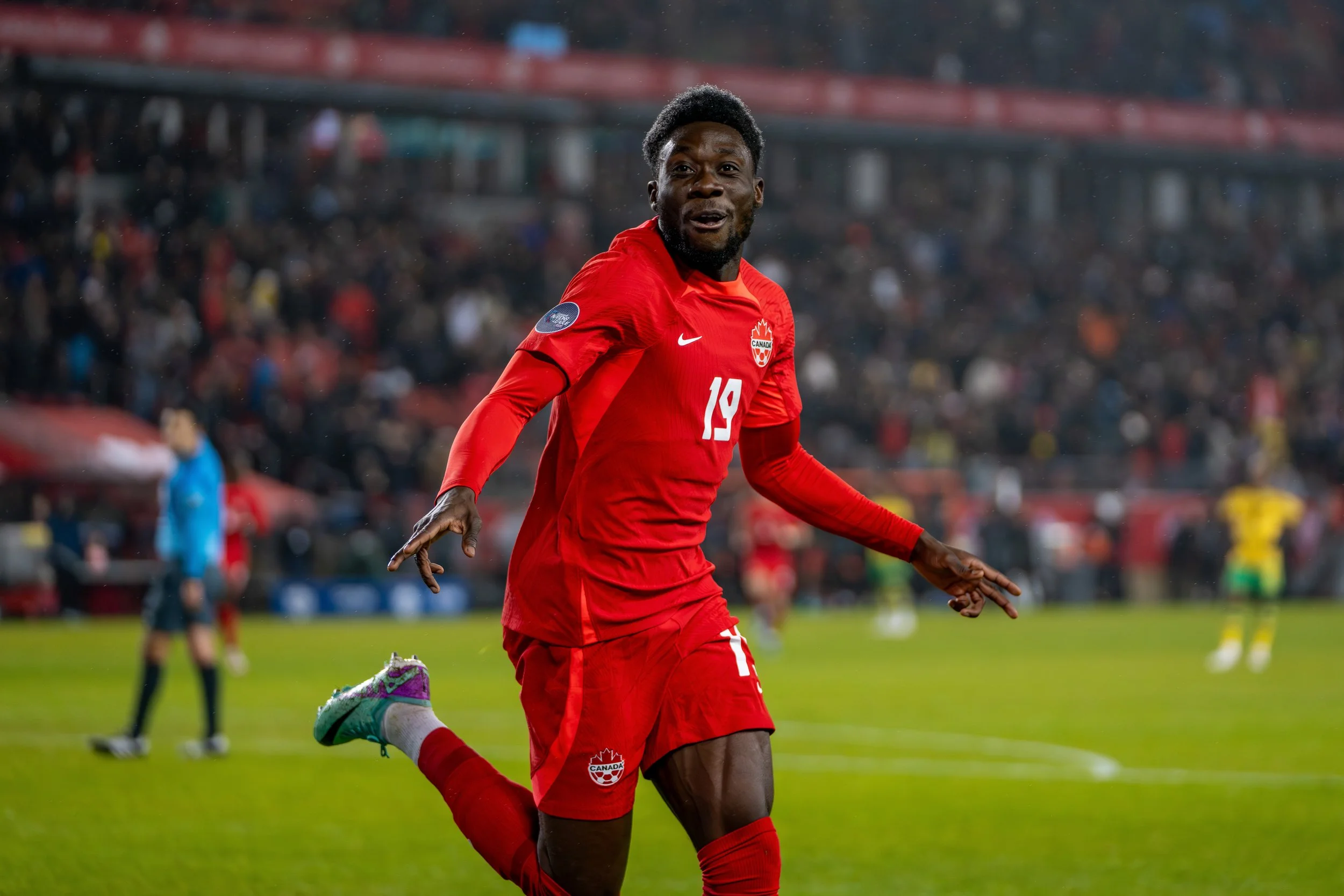 Canada's Alphonso Davies celebrates his match-opening goal in a 3-2 loss to Jamaica in the Nations League quarterfinals in Toronto. November 21, 2023. (Kaj Larsen Photo for the Canadian Premier League)