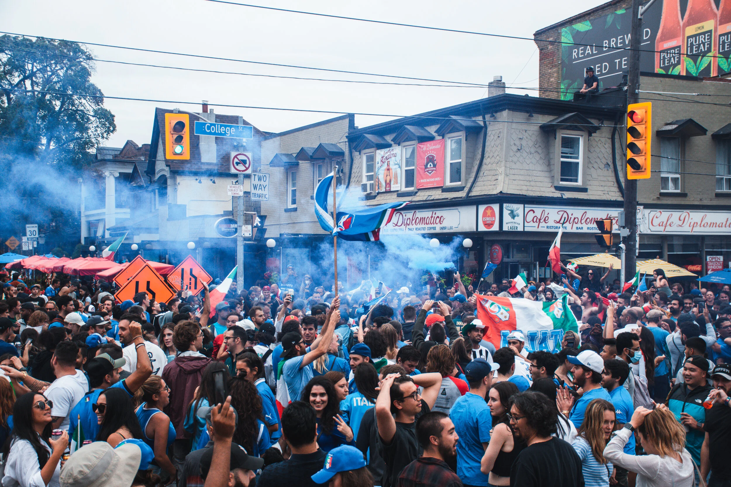 Italian soccer supporters rejoice in Little Italy, Toronto, following their 1-1 (3-2) victory over England in a penalty shootout during the EURO 2020 Final. July 11, 2021. (Kaj Larsen Photo)