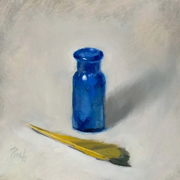 Cobalt-and-Gold-oil-painting-of-a-cobalt-blue-bottle-and-yellow-feather-by-rebecca-finch-fine-art-studios.jpg