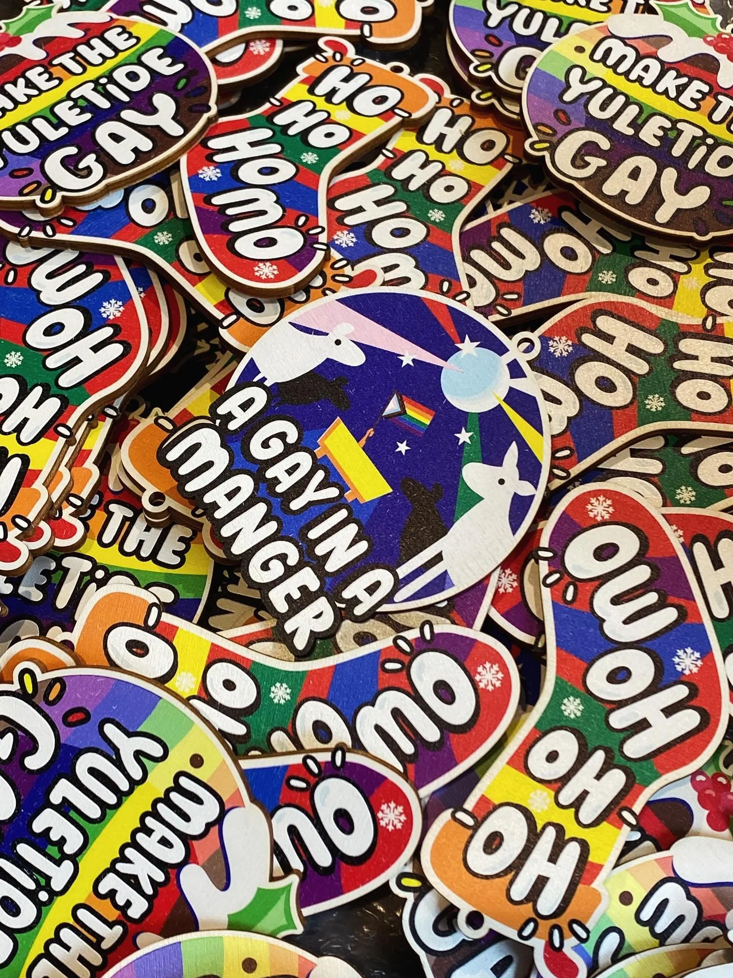 Big Gay Chrimbo-homo decorations are back in stock and looking superb, many thanks to @lightning.laser for another awesome job!

You can get these decs from my Etsy and online shop now, and also from my lovely retailers (get your orders in!) soon!

#