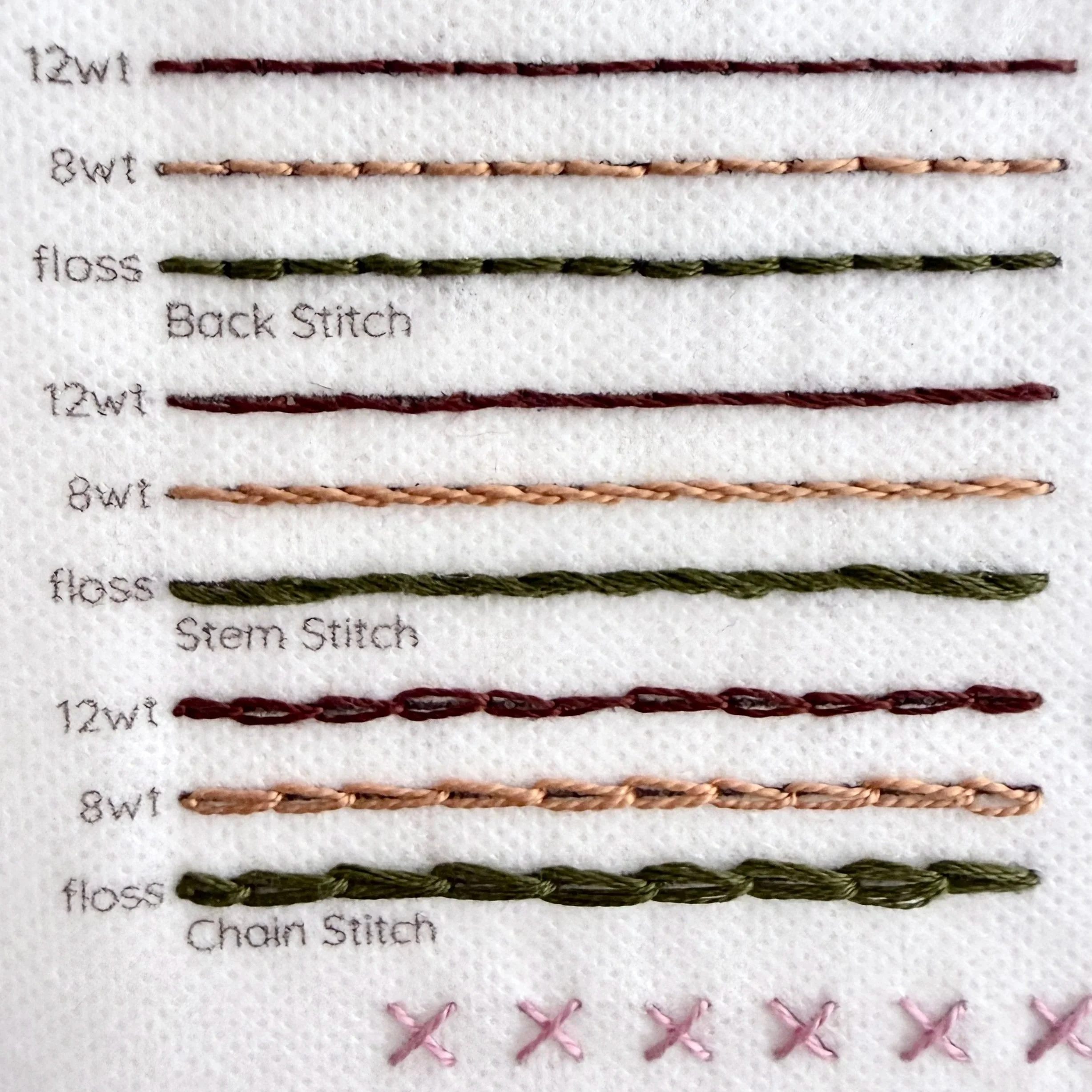 Aurifil floss, 12wt, and 8wt thread samples for each stitch