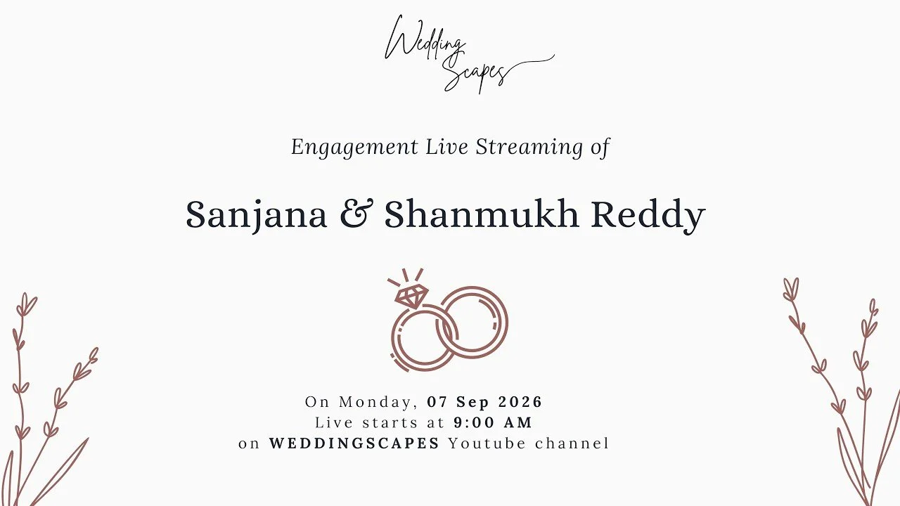 Announcement poster for a wedding streaming event featuring LEKHA & SRITEJA, scheduled on 04th September 2026, at 7.00PM on YouTube WEDDINGSCAPES, with the YouTube logo and red 'LIVE STREAMING' badge at the top left corner.