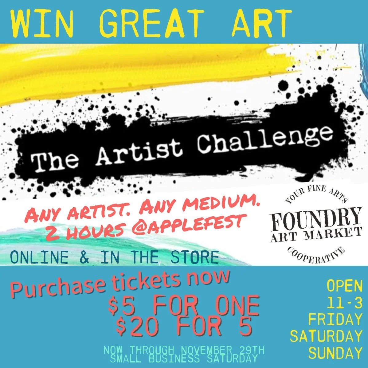 Did you see the artists creating at Applefest?
Now you have a chance to win that art!
Drop in the store and get your tickets now!
Online tickets will be available later this week.
Open Friday-Saturday-Sunday 11-3
Special hours this week! 
Thursday 4: