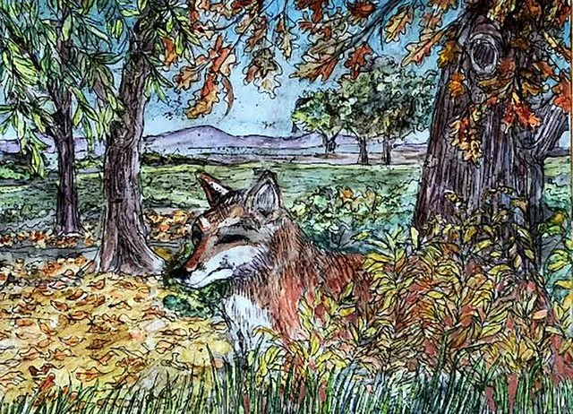 Mary Grassell The Hunter watercolor, wax , ink $200