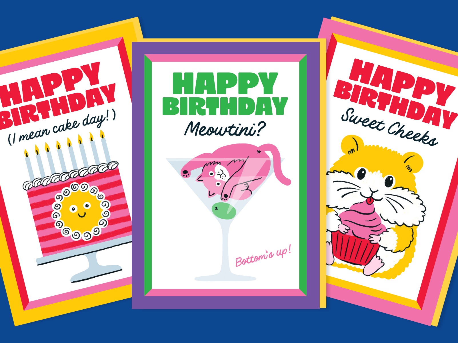 Three colorful birthday cards with illustrations of a cake, a meowtini cocktail, and a hamster holding a cupcake.