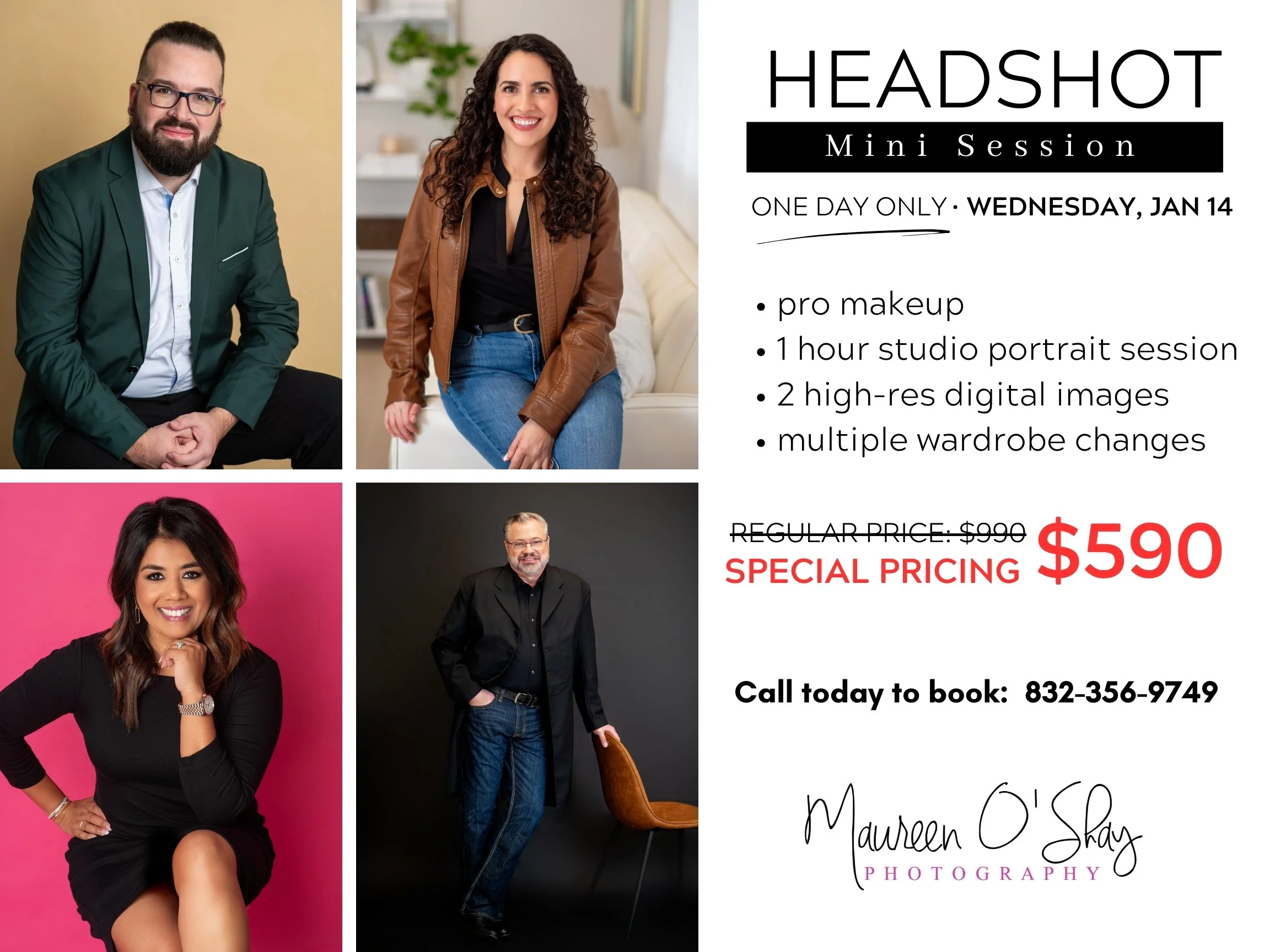 Headshots in Houston: A collage of professional headshots from Maureen O'Shay Photography in Katy, TX.