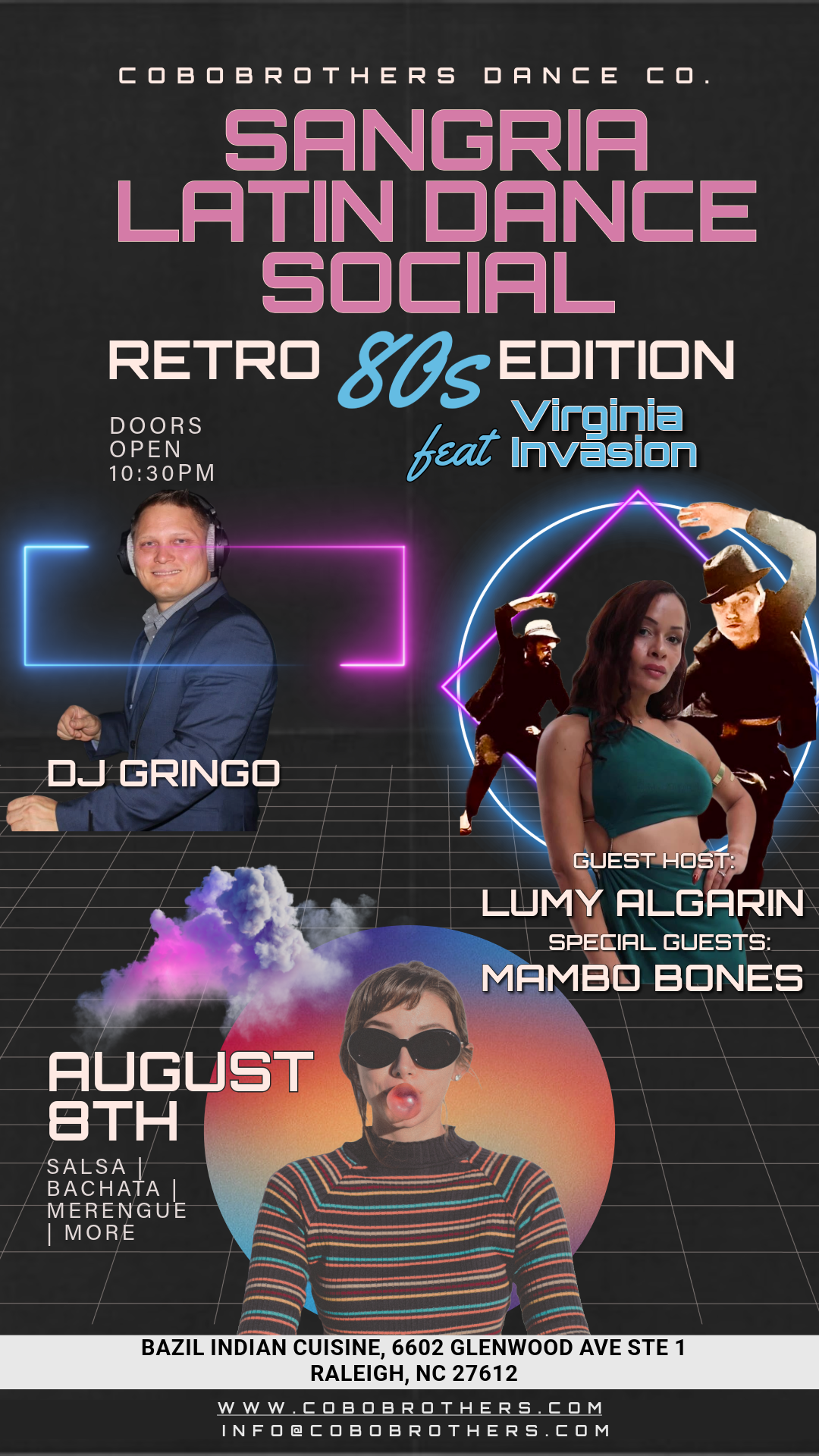 Event poster for Sangria Latin Social on November 8th at Bazil Indian Cuisine in Raleigh, NC, featuring DJ Julio Sabroso, with doors opening at 10:30 pm, serving food and drinks all night.