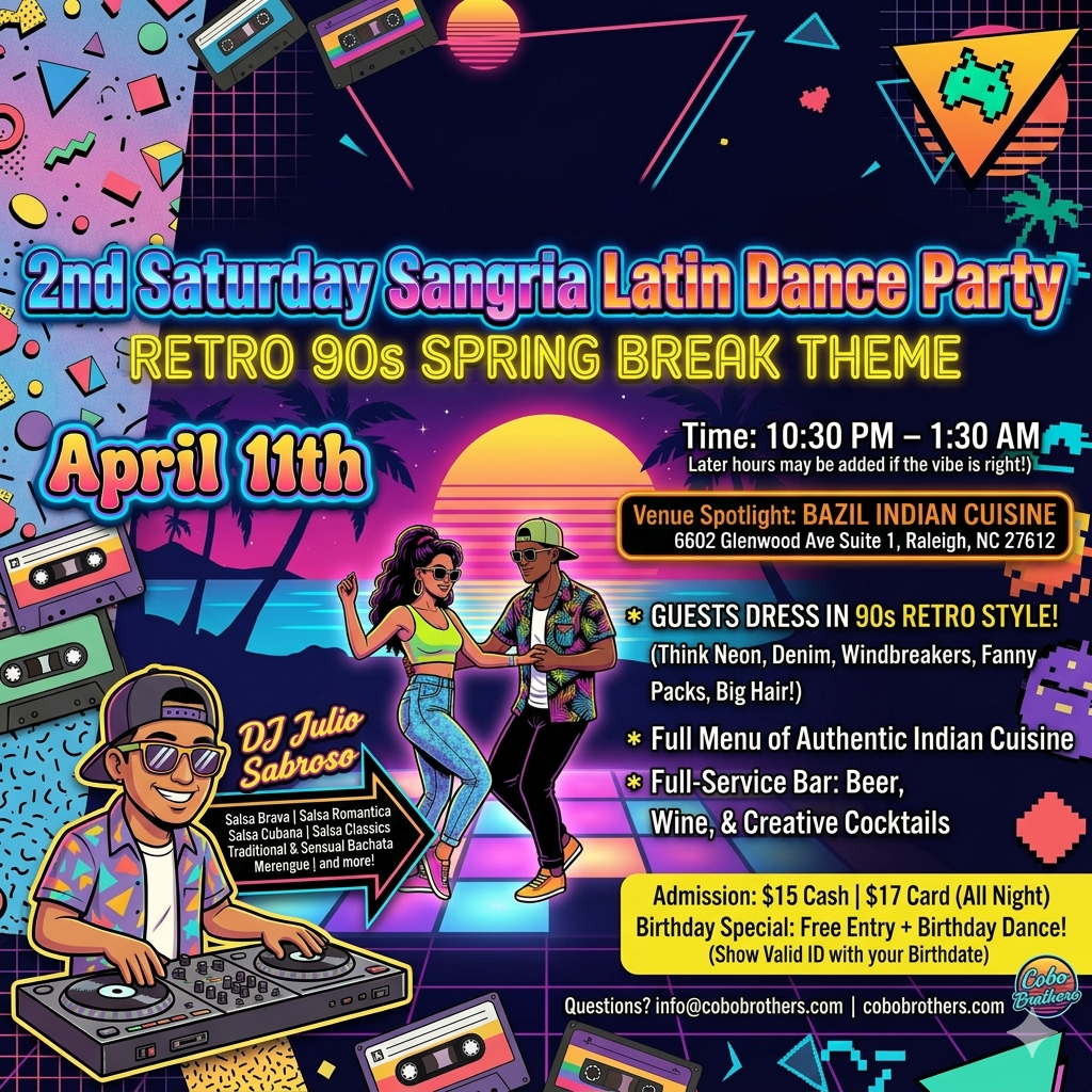 Event poster for Sangria Latin Social on November 8th at Bazil Indian Cuisine in Raleigh, NC, featuring DJ Julio Sabroso, with doors opening at 10:30 pm, serving food and drinks all night.