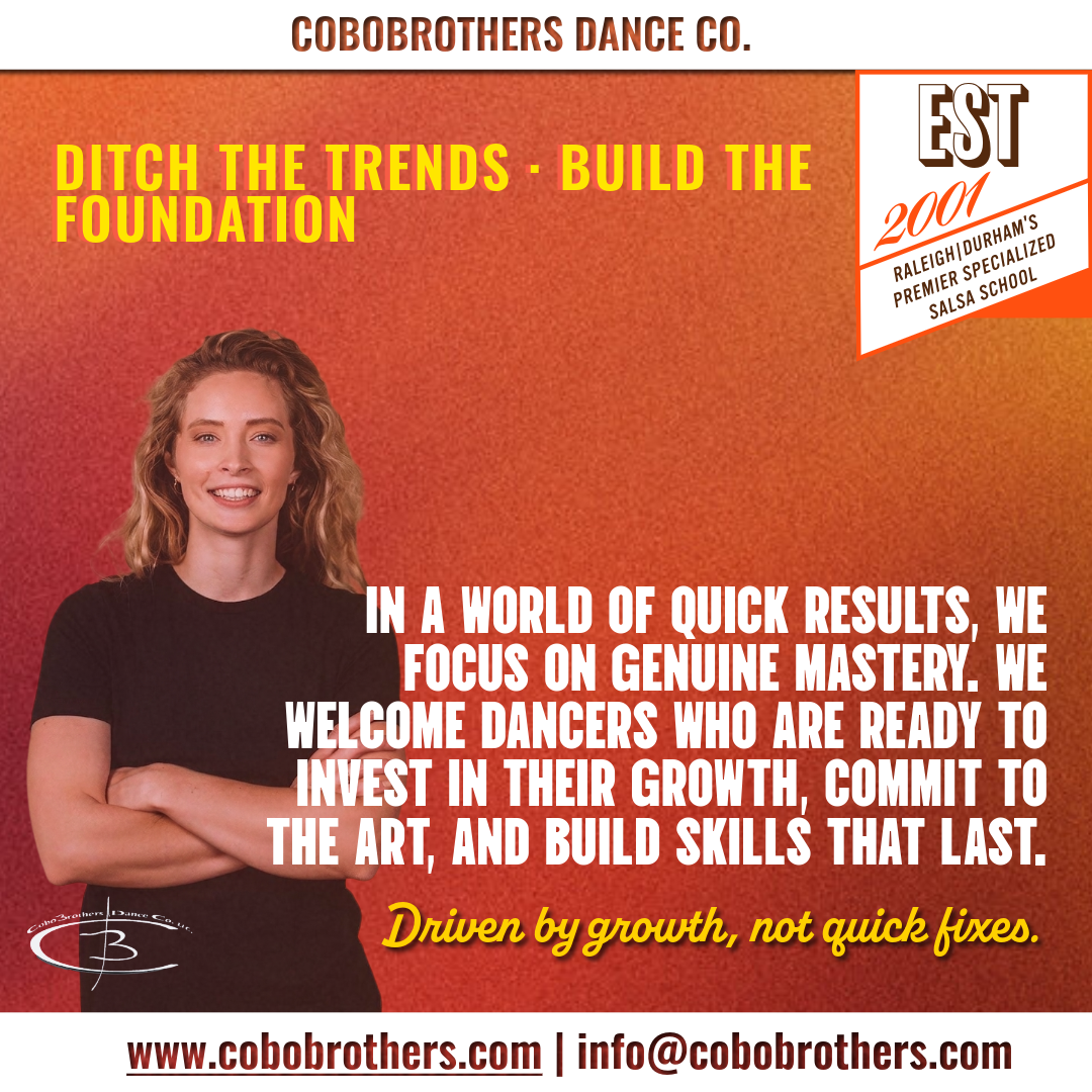 Poster for Cobrothers Dance Co. featuring a smiling woman with crossed arms, promoting growth and mastery in dance, with the tagline 'Driven by growth, not quick fixes.'