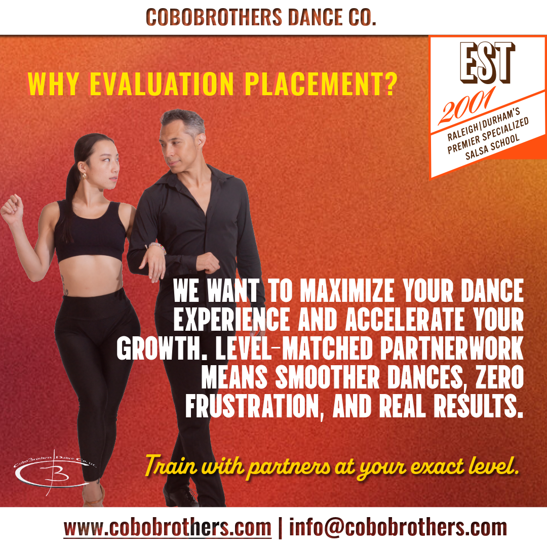 Advertisement for Cobrothers Dance Co. highlighting the importance of evaluation placement to maximize dance experience and growth, featuring a man and a woman in dance attire against an orange background.