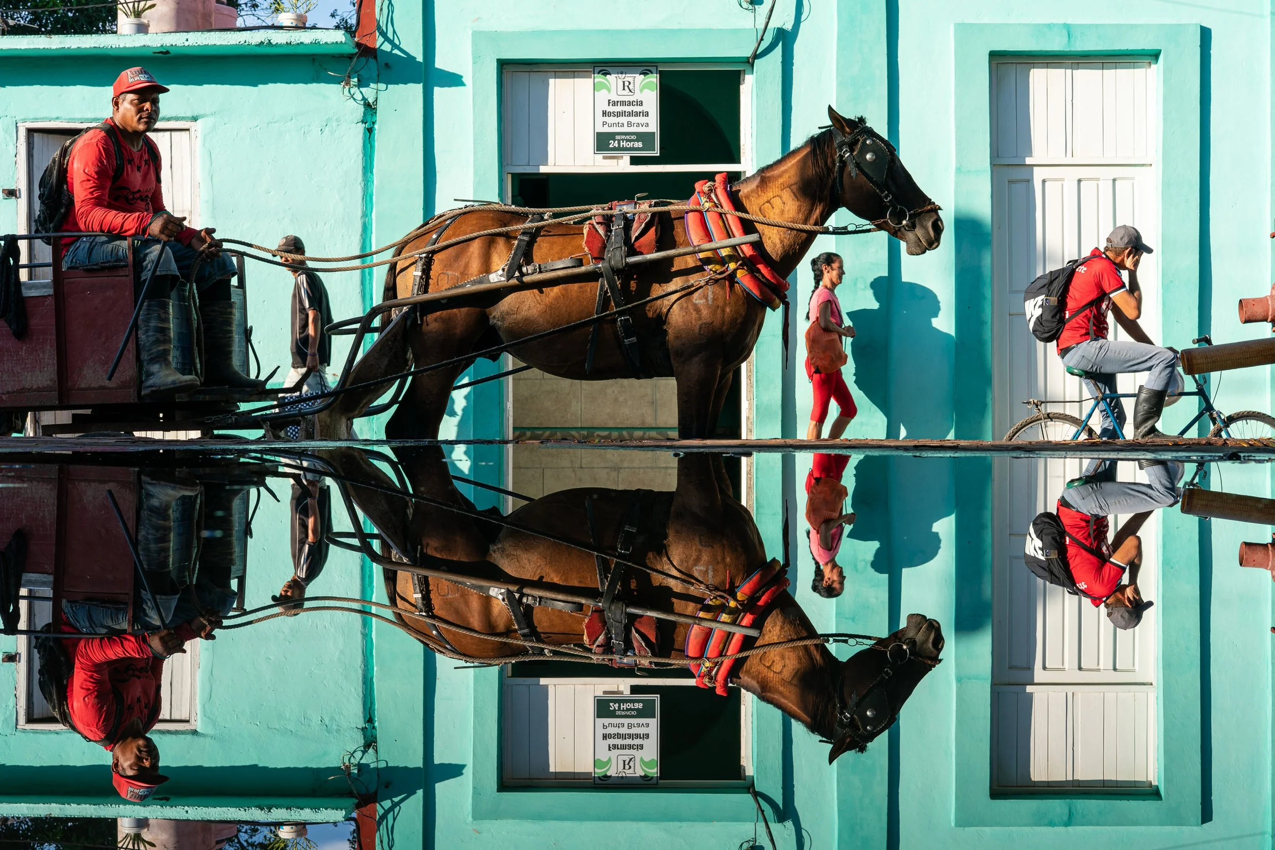 Reflection in puddle of horse and cart in Trinidad, Cuba