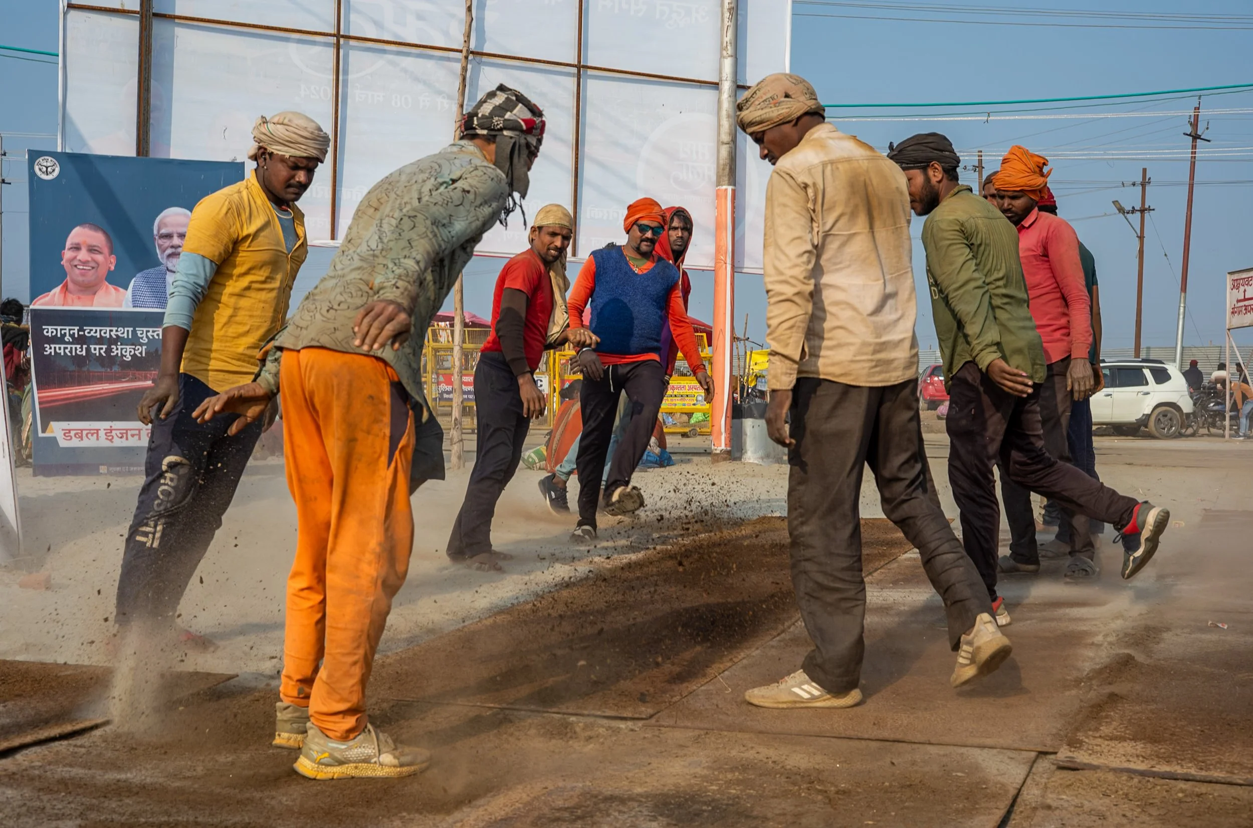 Men dropping steel platform