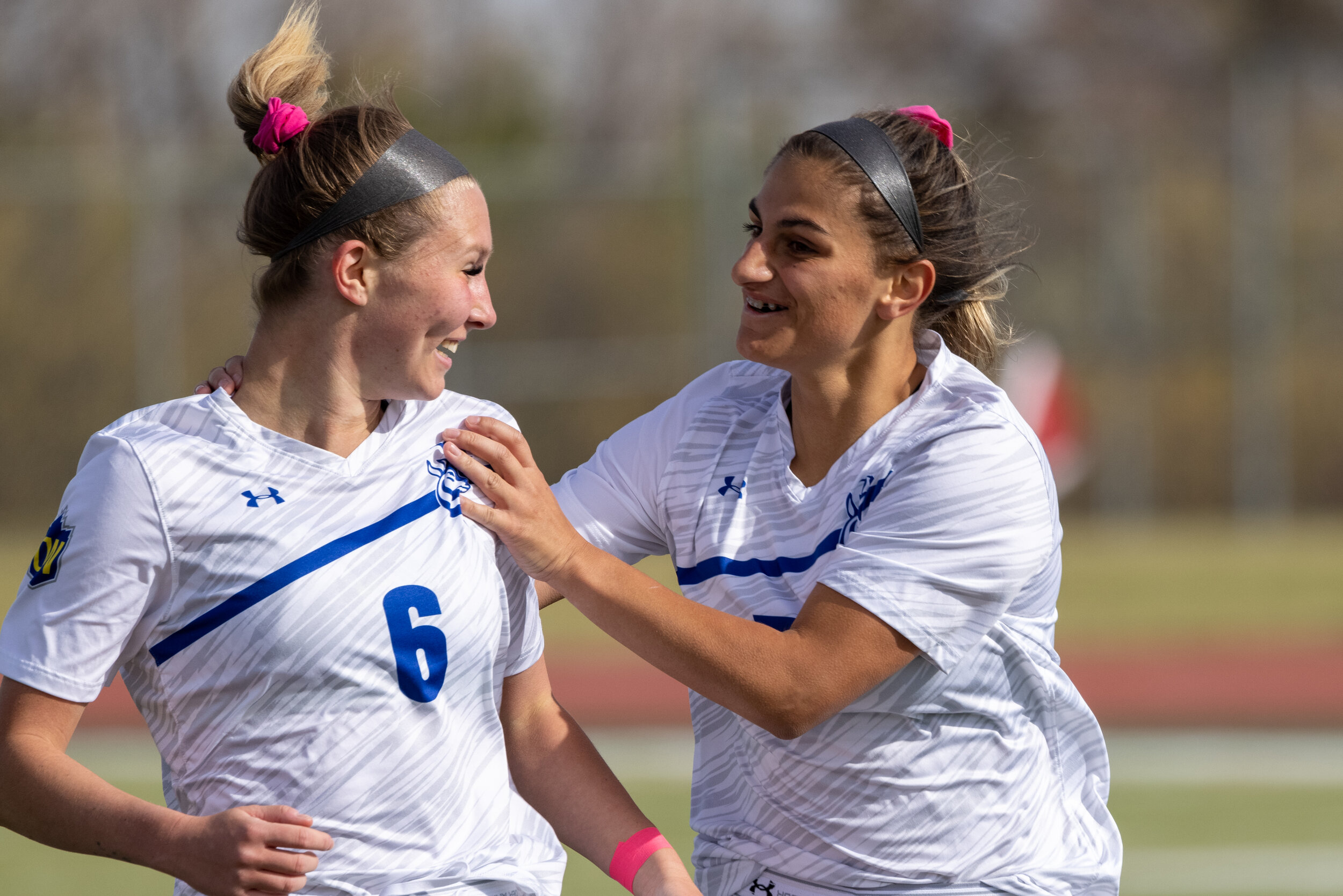 Grace Taylor is congratulated after netting her first goal of the season to earn the Horns a 1-0 lead in the 7th minute of the game.