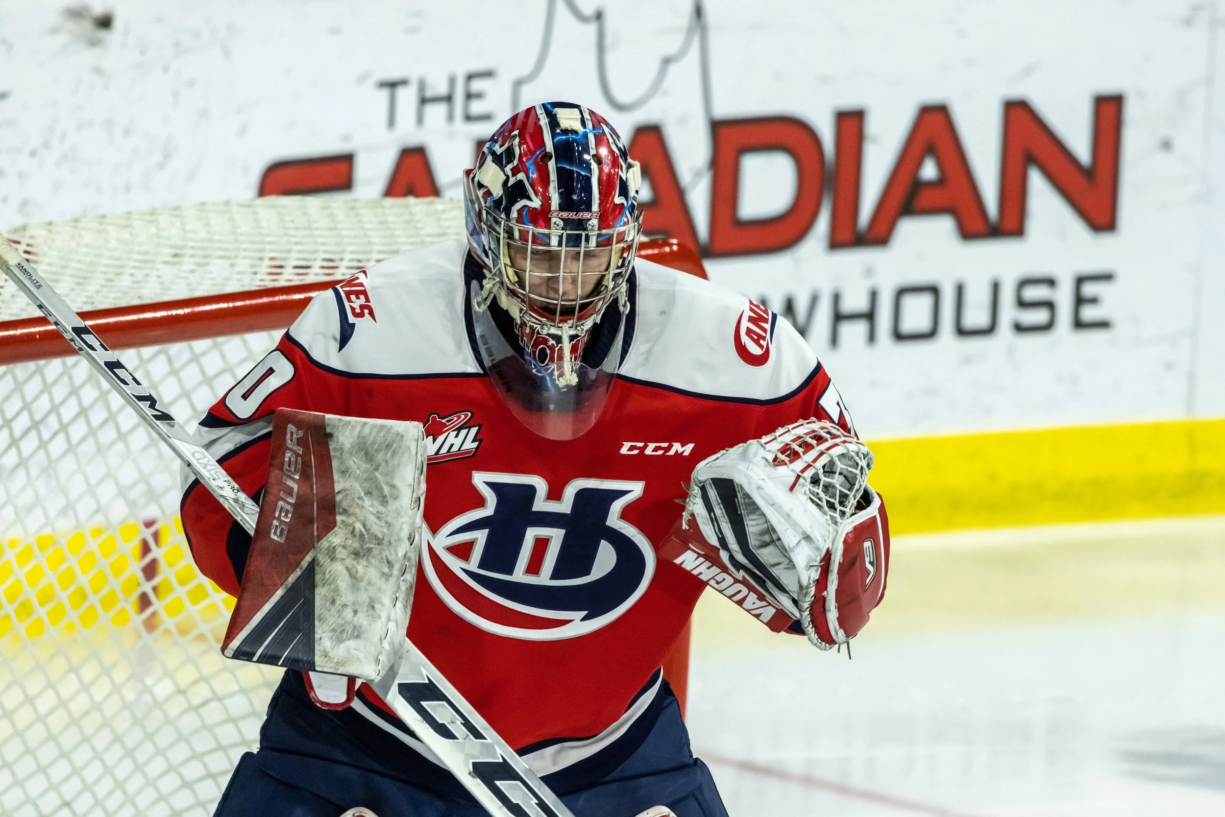 Lethbridge Hurricanes goaltender Bryan Thomson makes a save