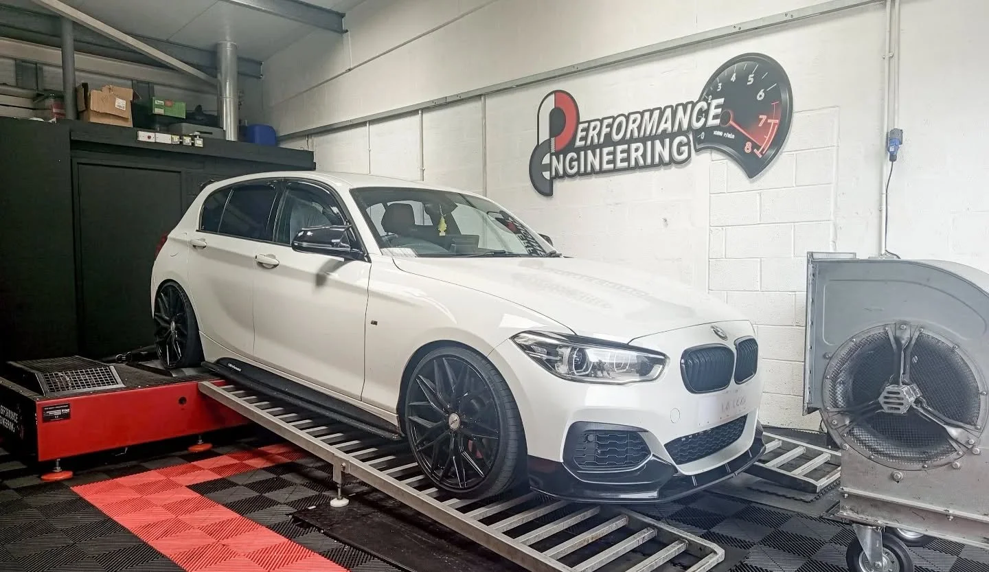 BMW M135i in the workshop for some PE Treatment 
.
PE Stage 2 - into the 400bhp club 
.
Modifications 
Upgraded intercooler 
Upgraded intake 
Upgraded Charge Pipe
Upgraded Downpipe
.
Dyno Stock - 326hp &amp; 494nm
PE Stage 1 - 410bhp &amp; 592nm
.
De