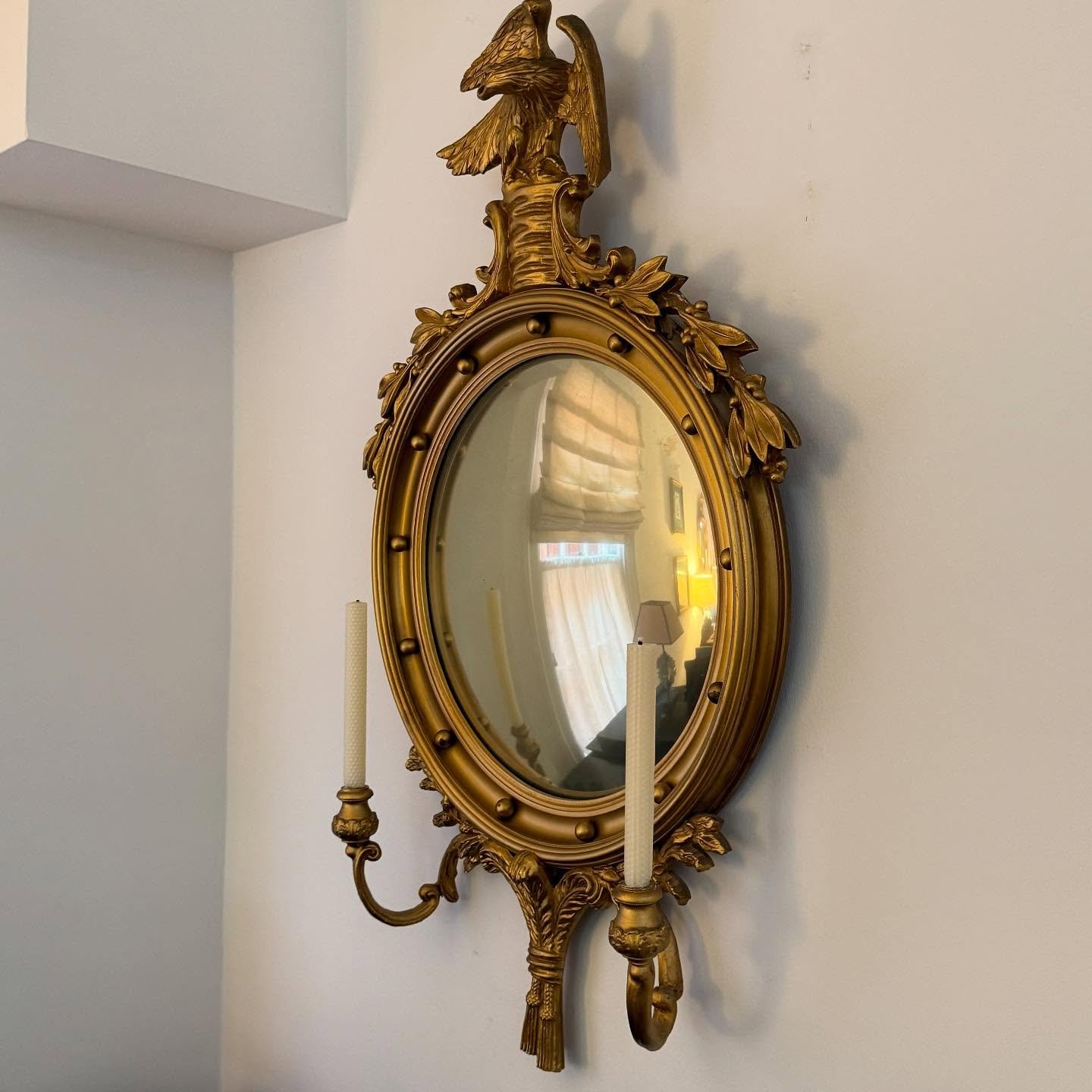 Word of the Day:  Girandole
.
.
.
.
.
#antiquegirandole
#bullseyemirror
#federalmirror
#regencymirror
#antiquemirror 
#19thcenturyantiques 
#antiquegirandolemirror
#howiantique 
#mixoldwithnew 
#mytradhome 
#traditionalhome 
#chairishsuperseller 
#go