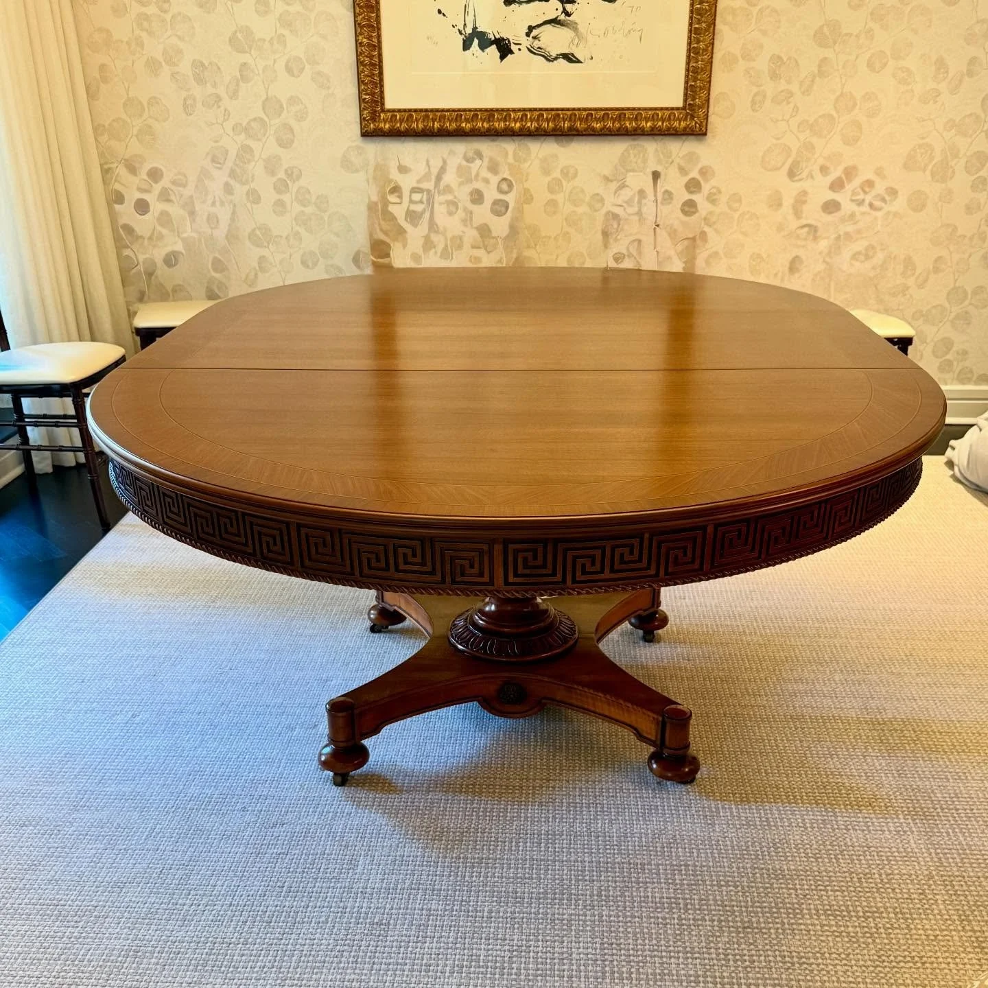 So many flawless details. ✨
.
.
.
.
.
#johnwiddicomb
#vintagewiddicomb
#greekkeydetail
#inlaidfurniture 
#pedestaldiningtable
#expandablediningtable 
#curatedconsignment 
#curatedvintage 
#chairishsuperseller 
#chairishbydesign 
#gonegirlhome