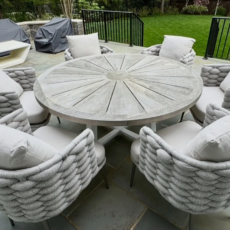 Two round tables and a microphone.
.
.
.
.
.
#restorationhardware 
#bernhardtfurniture 
#sutherlandfurniture
#teakfurniture 
#outdoordining