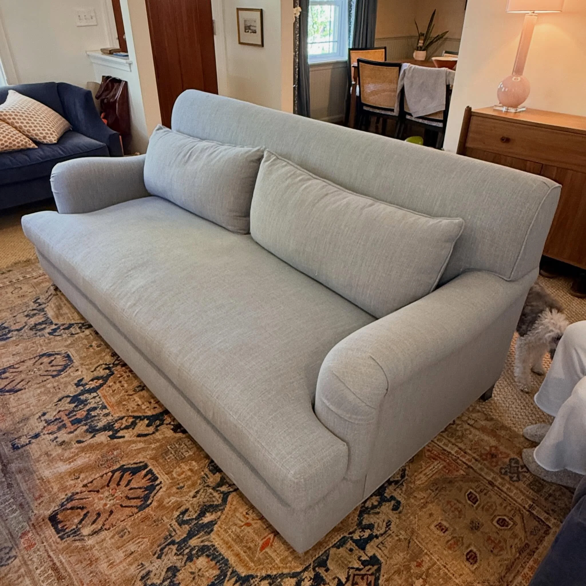 This sofa is pale blue but actually quite green ♻️. @cladhome &ldquo;donates a portion of &hellip; annual profits to the global social justice movement, to anti-racist initiatives that lift up the most vulnerable among us, and to the protection of ou