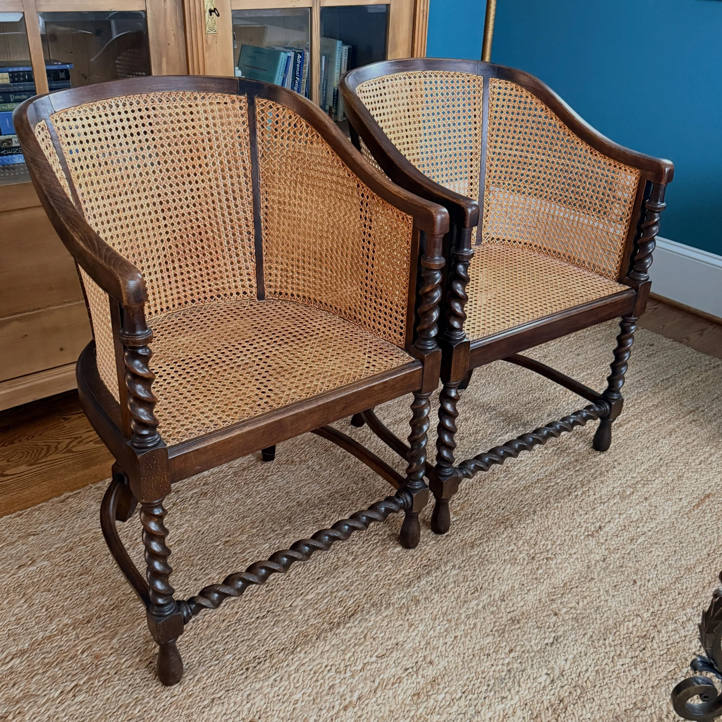 Twisted Sisters
.
.
.
.
.
#barleytwistchairs
#canedbarrelchairs
#antiquecanedchairs
#luxuryfurnitureconsignment 
#antiquefurniture