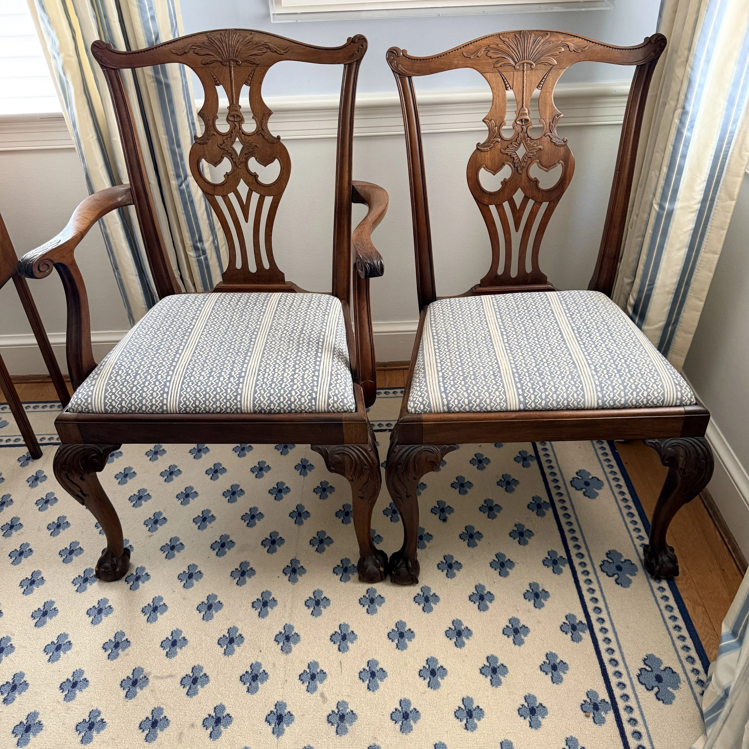 Set of 8 Antique Chippendale Chairs with Fortuny Upholstery
