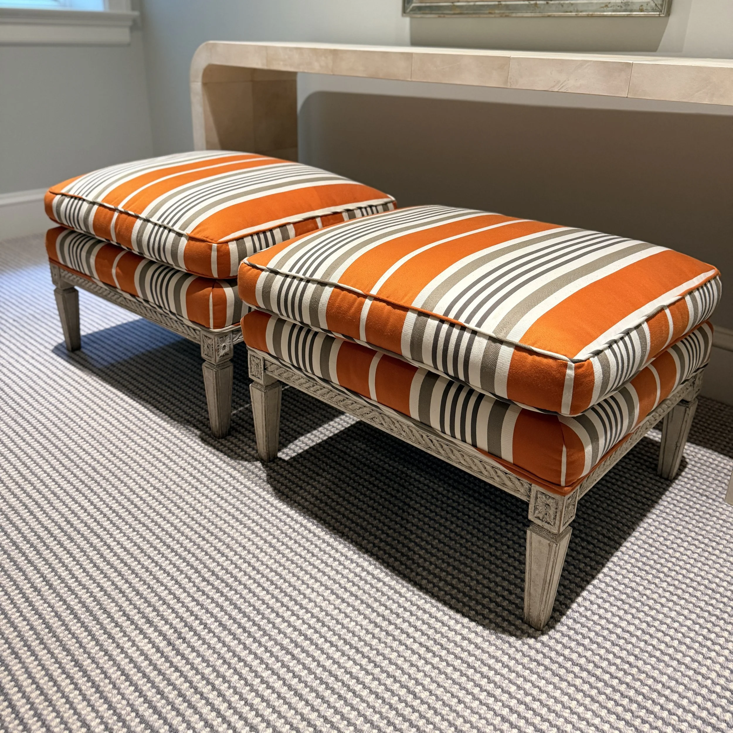 Hickory Chair Orange and Gray Striped Ottomans with Matching Pillows