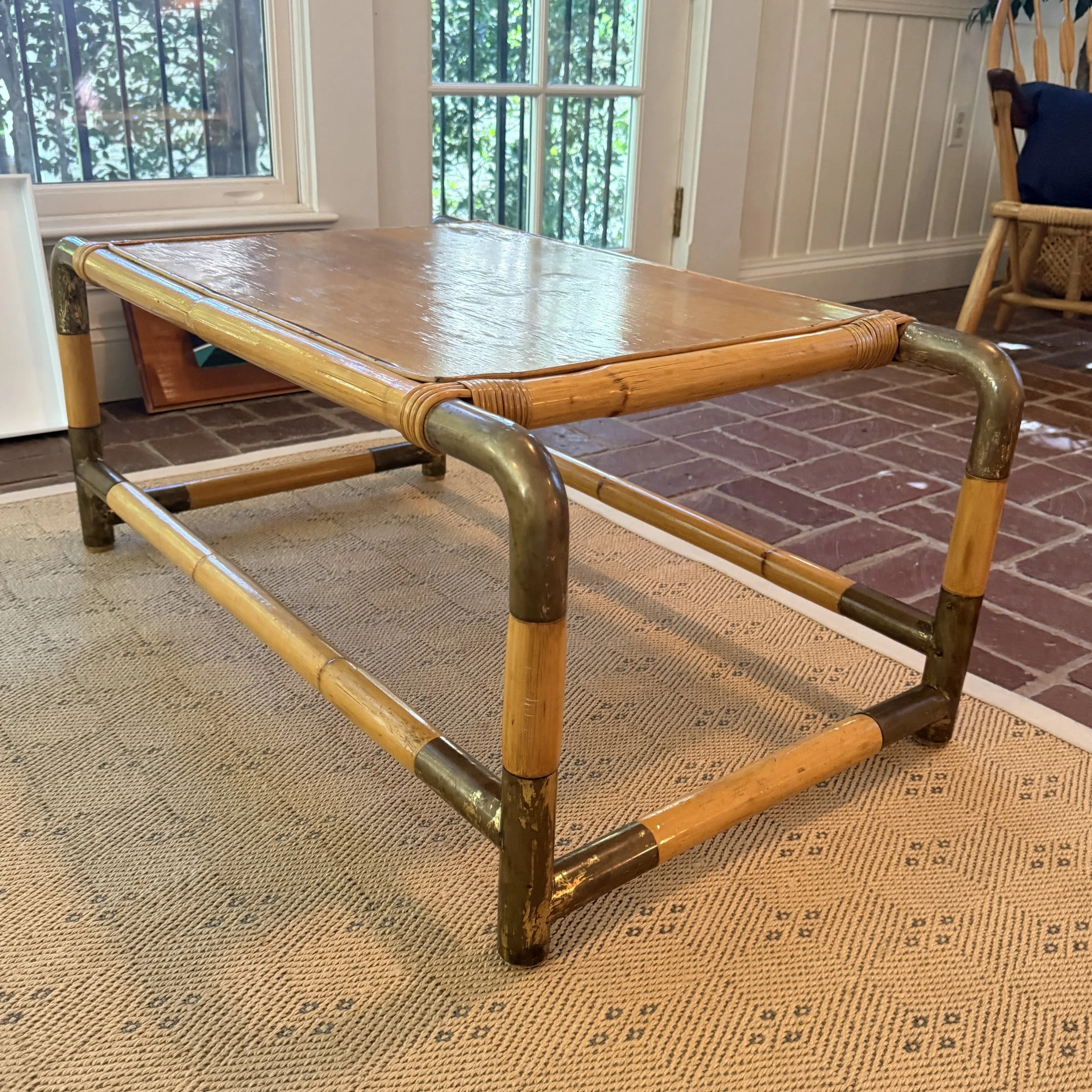 1970s Bamboo & Brass Coffee Table 