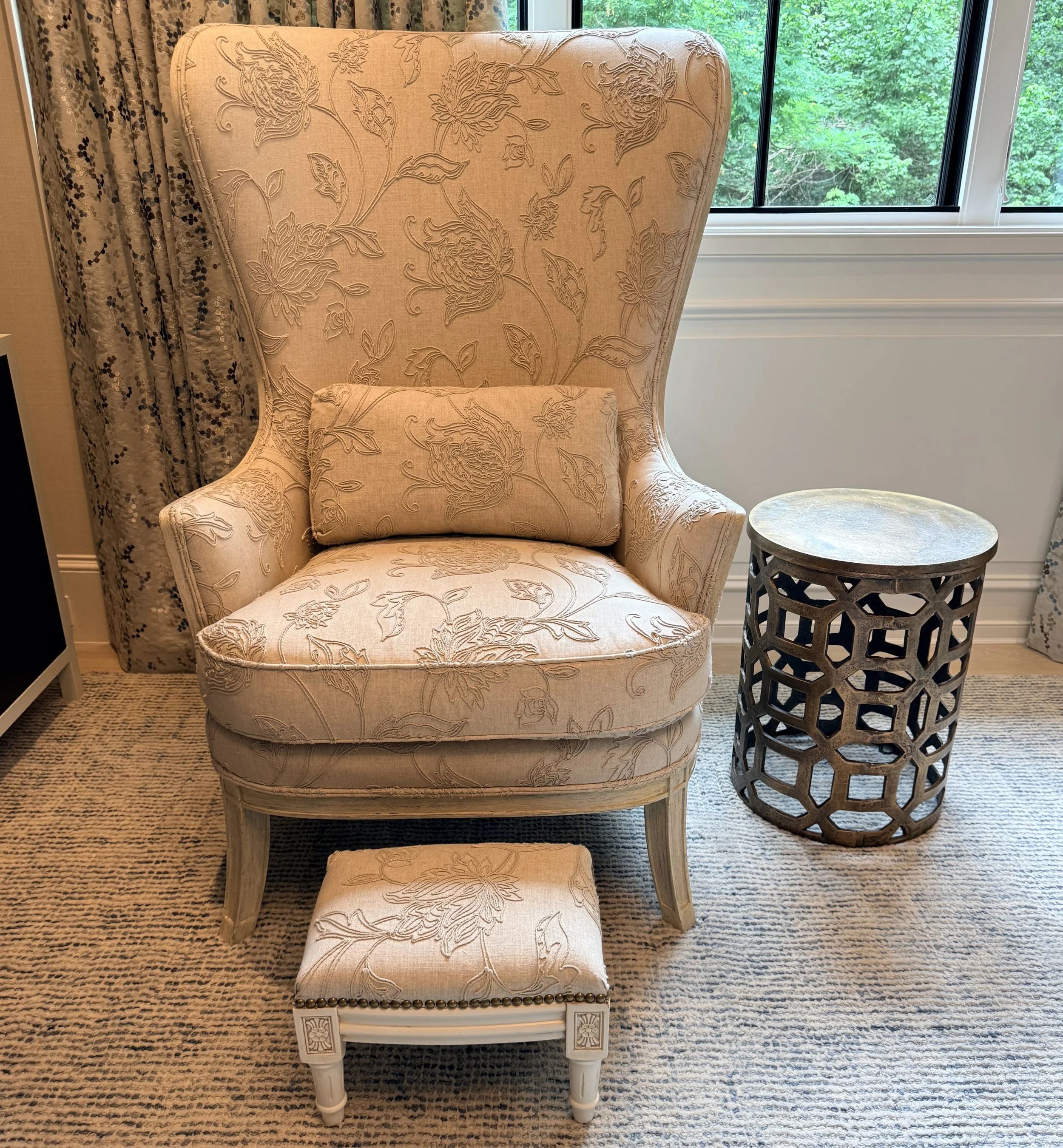 Tall Embroidered Wingback with Footstool