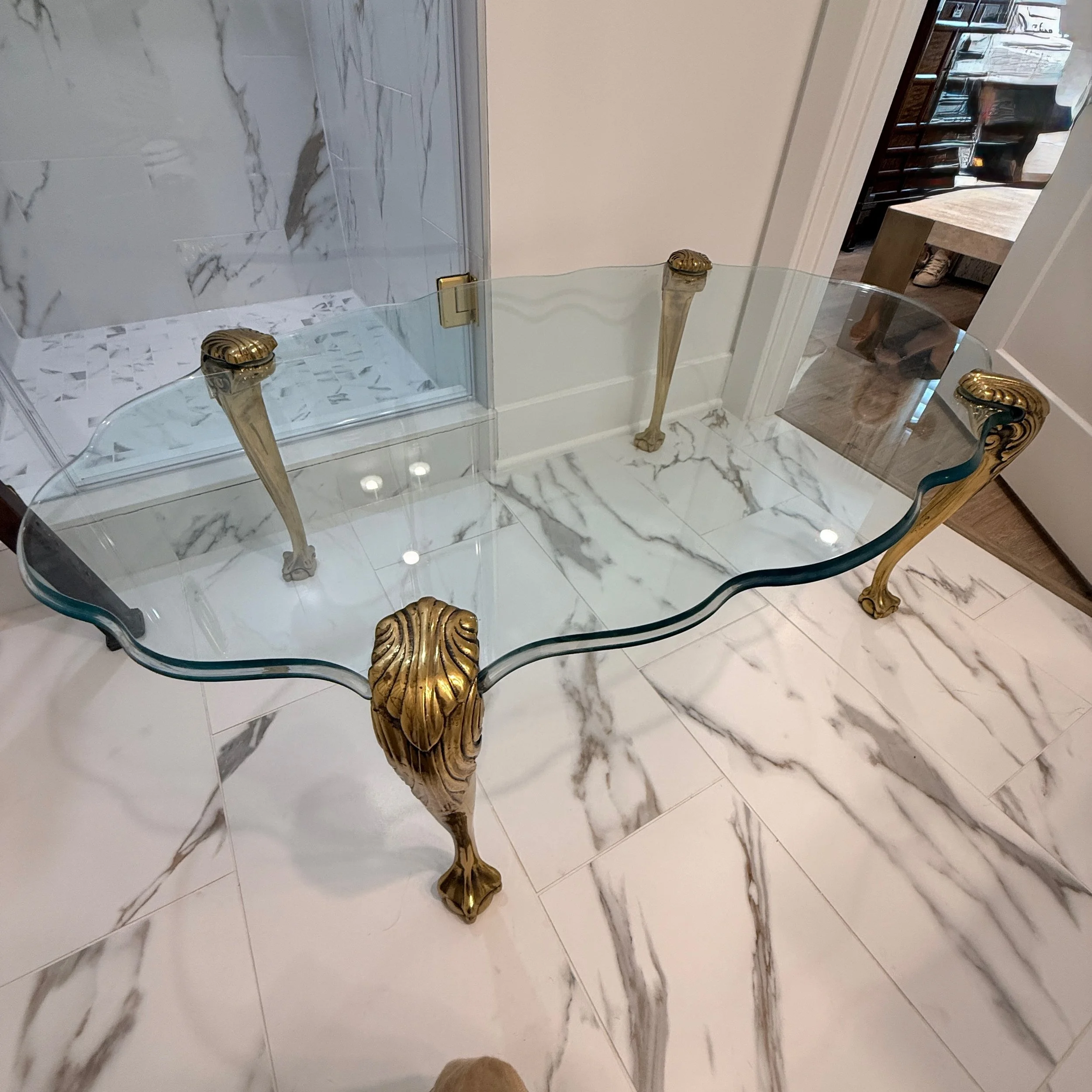 Vintage P. E. Guerin Style Glass Coffee Table with Brass Legs