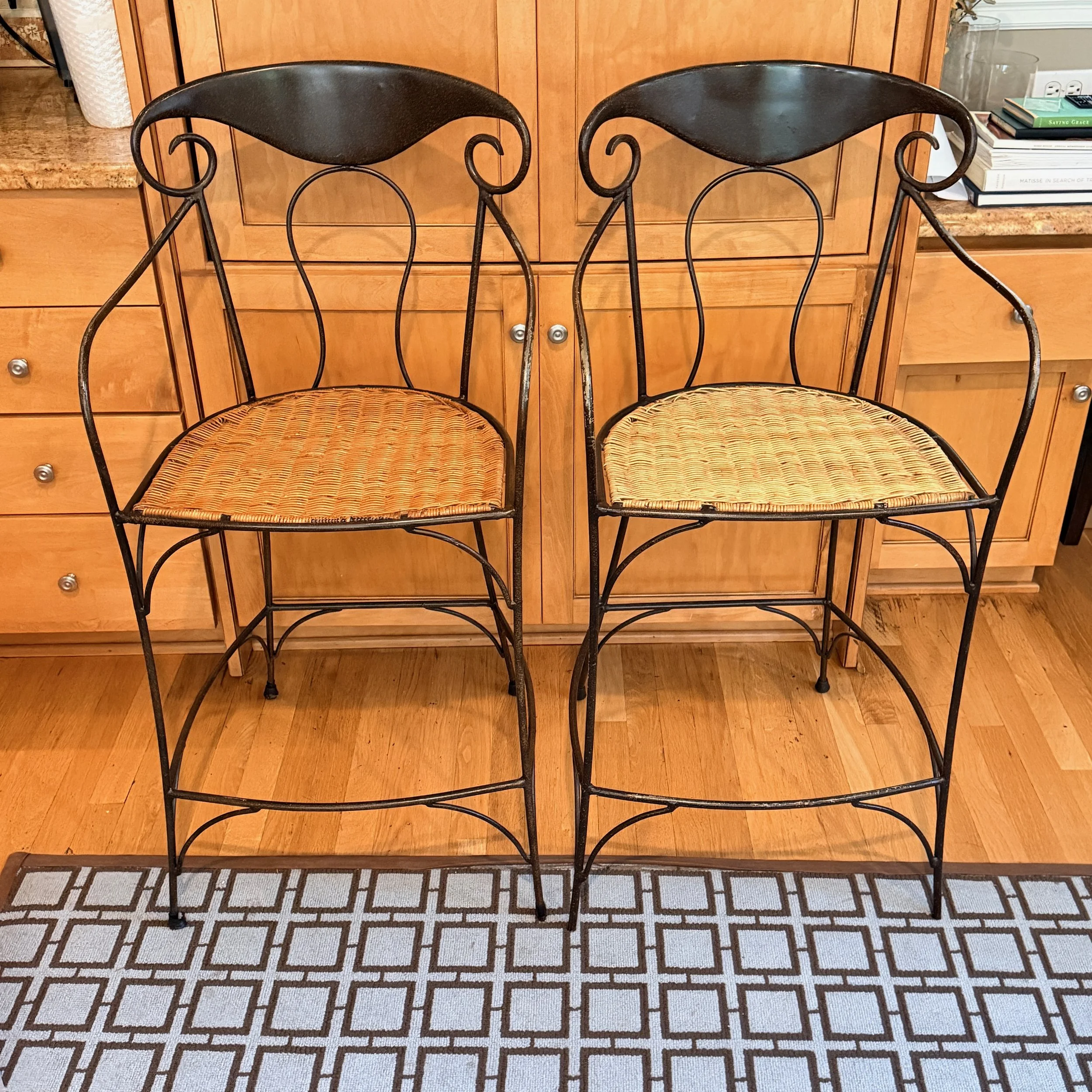 Pair Vintage Grange Wicker Seat Stools