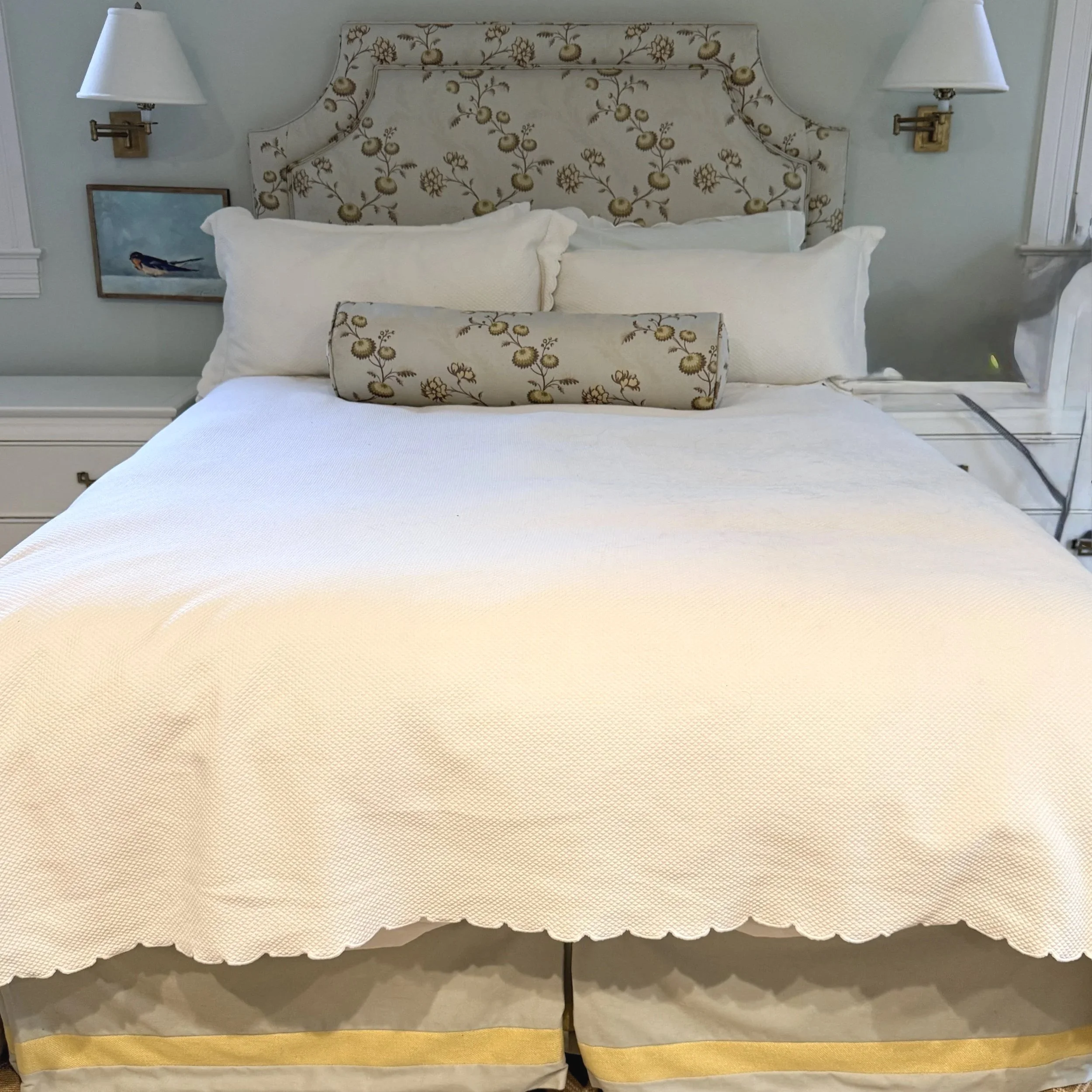Cowtan & Tout Upholstered Queen Headboard, Skirt & Bolster
