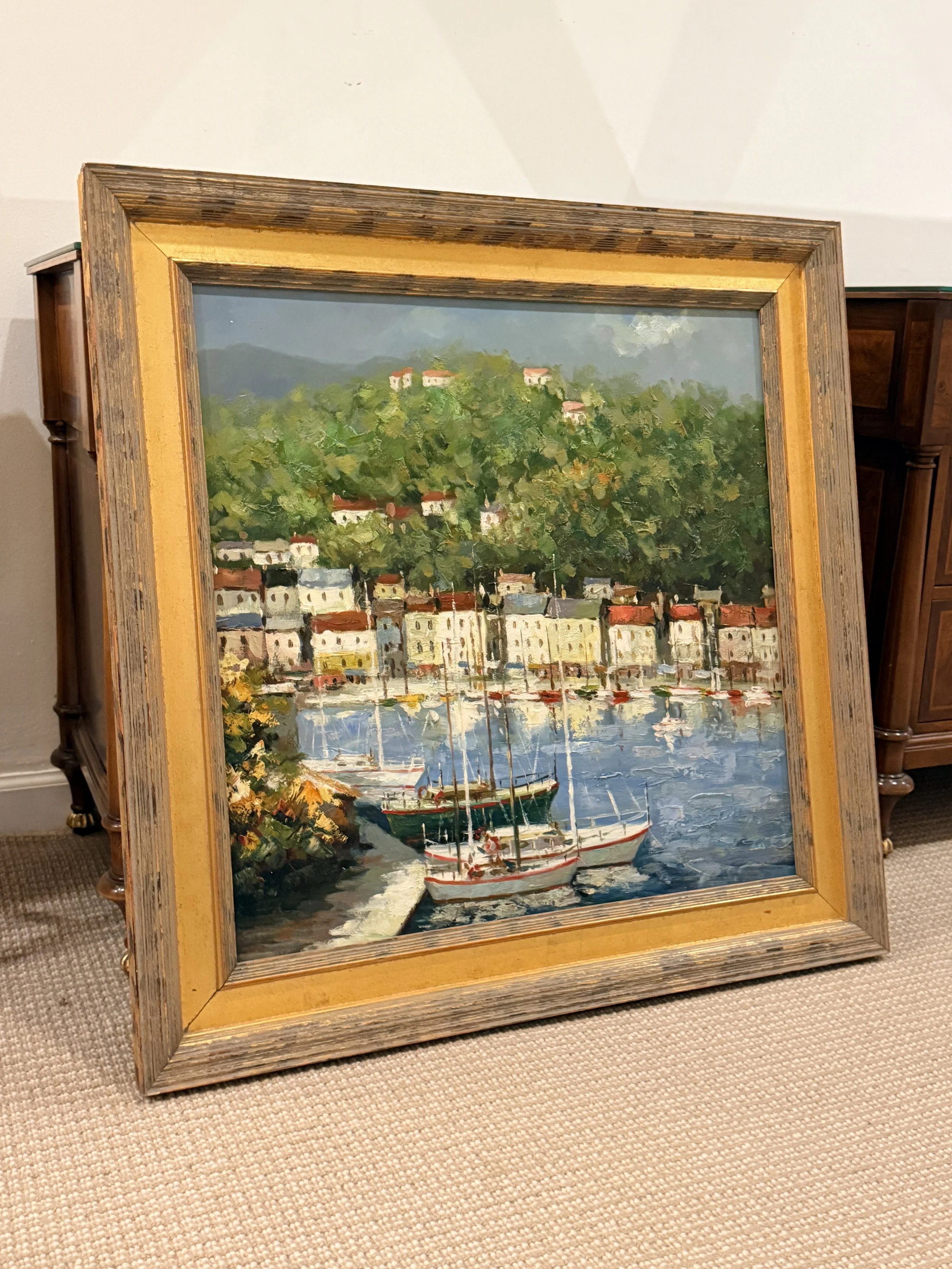Framed Harbor Oil Painting