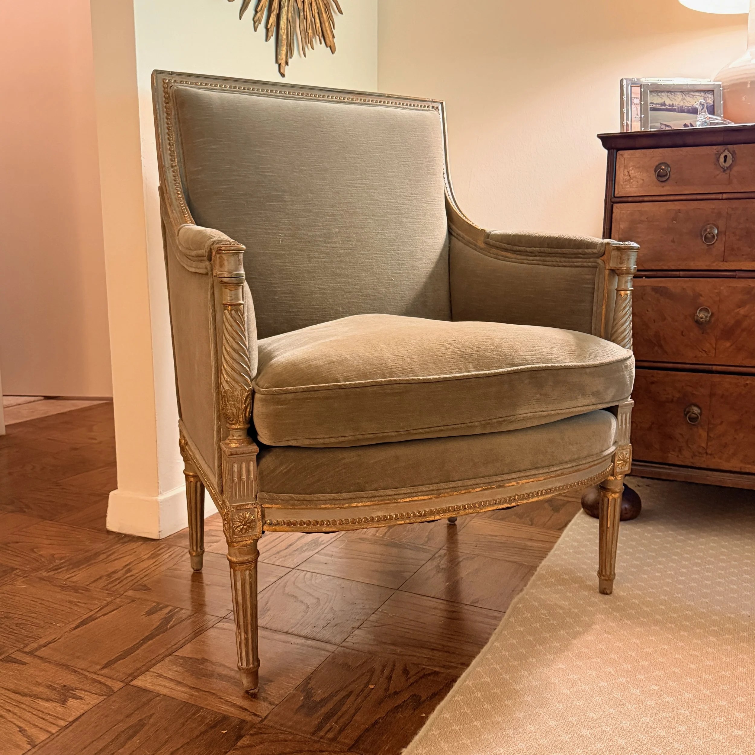 Velvet Armchair with Green Wash and Gilt Carved Frame