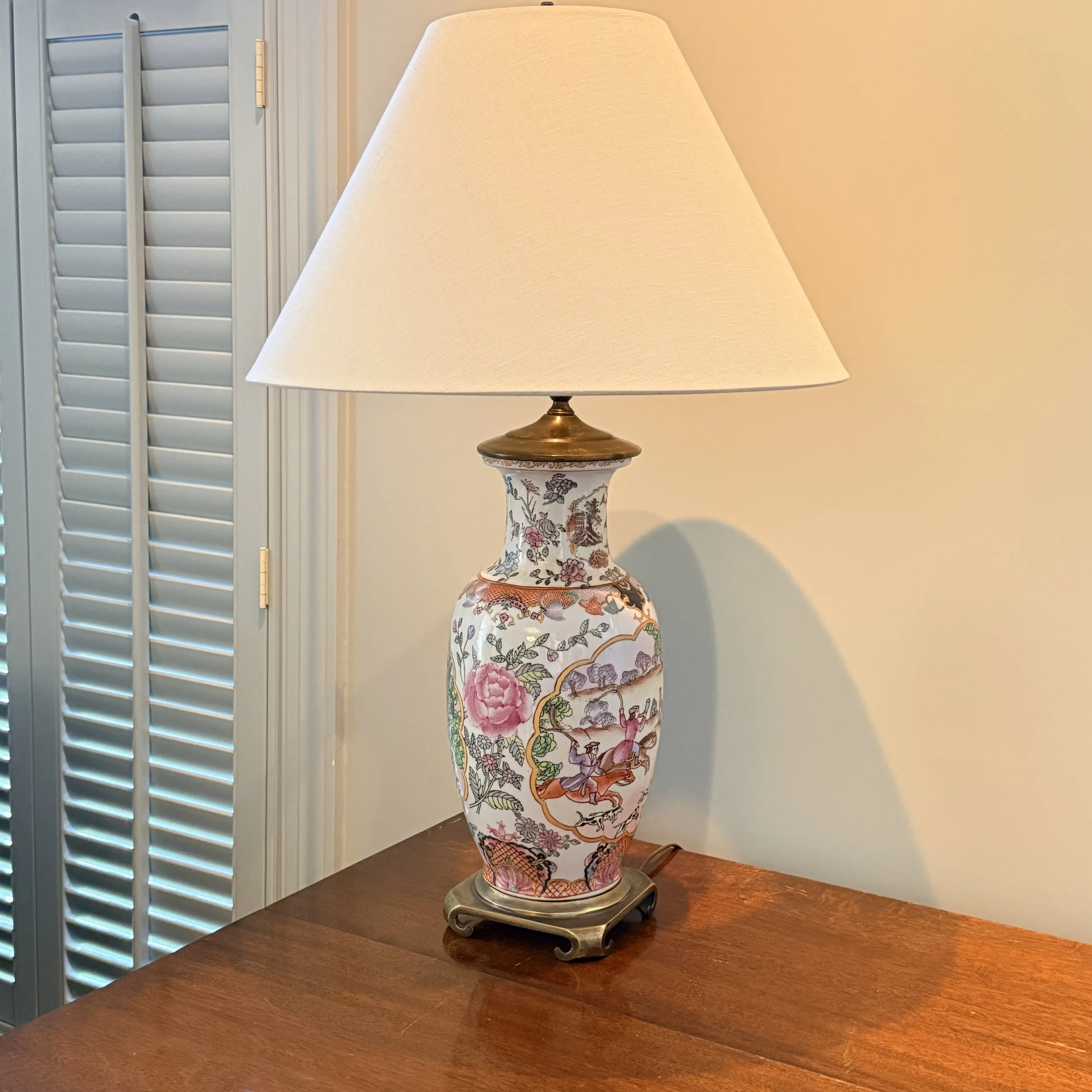 Famille Rose Lamp with Brass Base