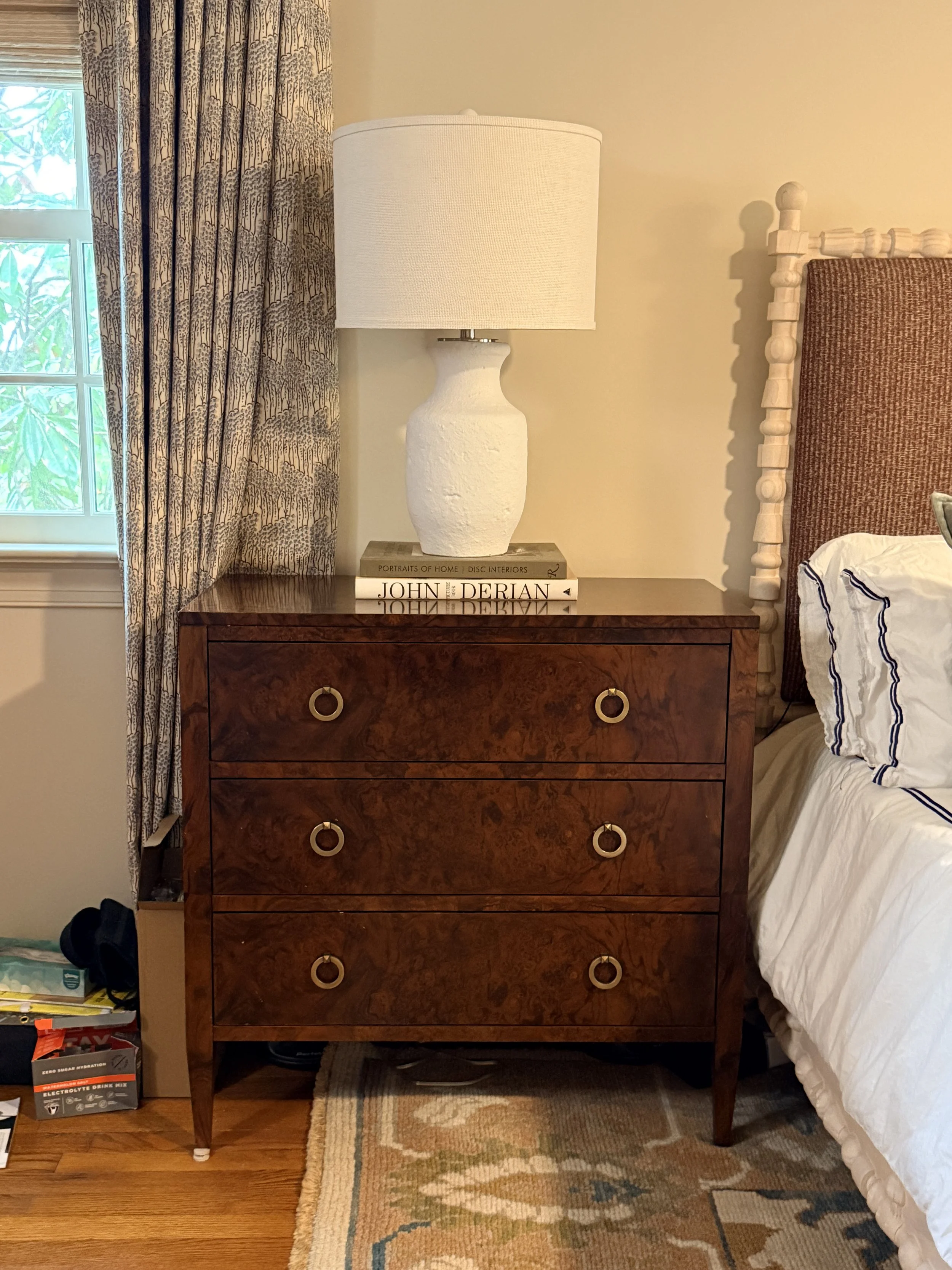 Modern History Three Drawer Burl Chest—two available